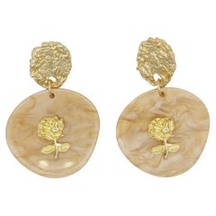 Large Irregular Disc Round Relief Rose Pendant Gold Yellow Drop Pierced Earrings