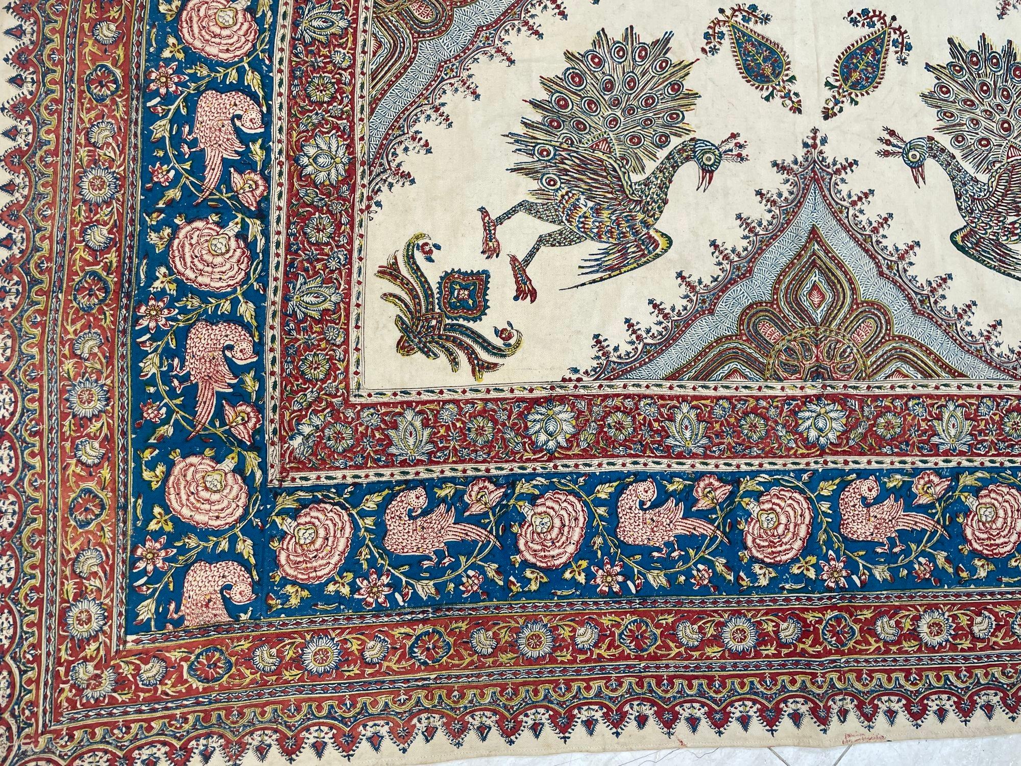 Cotton Large Isfahan Ghalamkar Persian Paisley Textile Block Printed 1950s For Sale