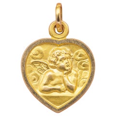 Großer italienischer 18 Karat geschliffener Angel Raphael-Medaille aus massivem Gelbgold-Anhänger im Vintage-Stil