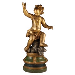 Gran figura italiana de madera dorada tallada del siglo XVIII de un putto