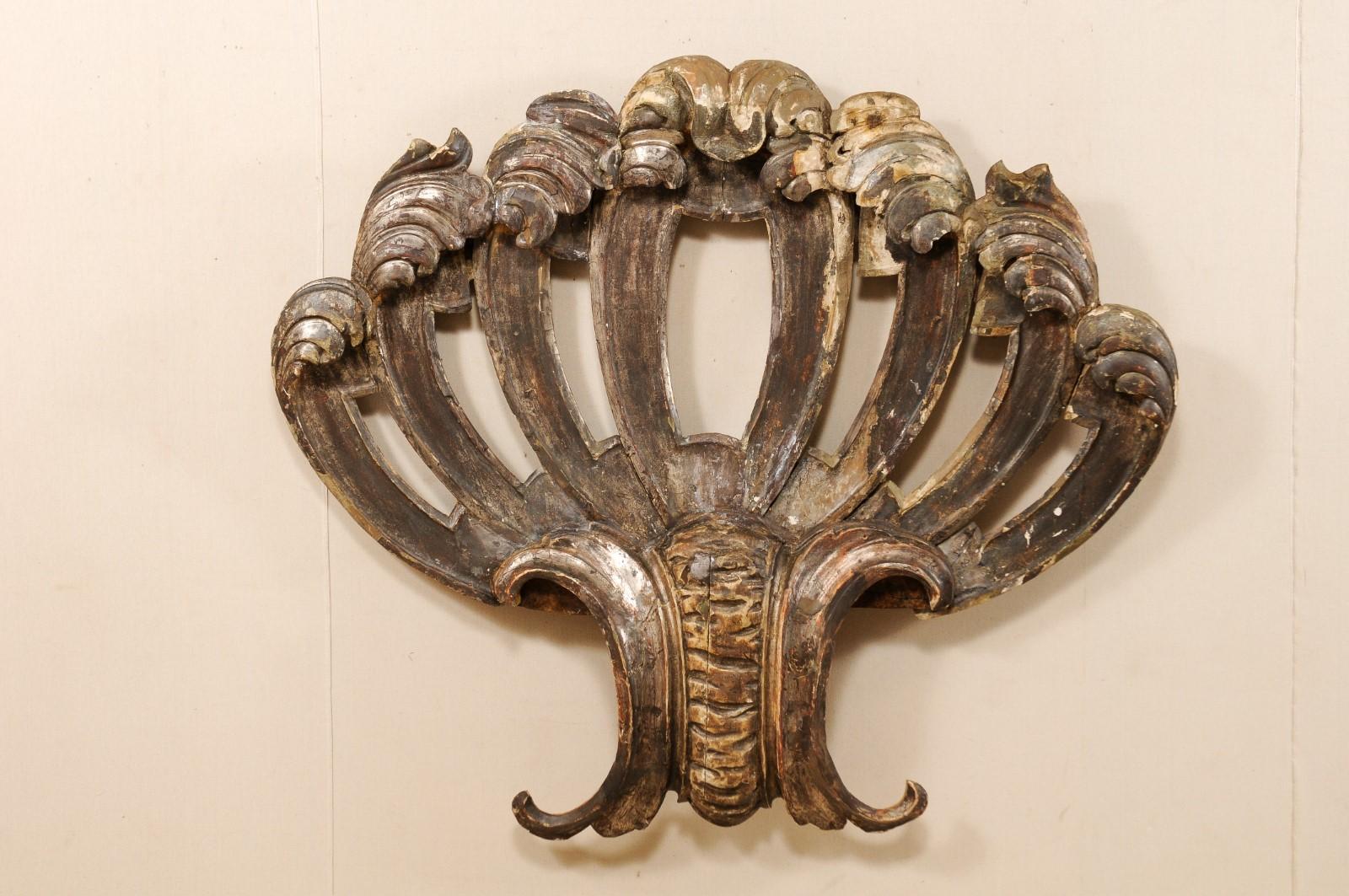 A large-sized Italian Baroque carved wood fragment from the 18th century. This antique carved-wood wall hanging from Italy, is impressively sized at over 5 feet wide and 4 1/2 feet tall, and features a stylized hand-carved shell with acanthus leaf