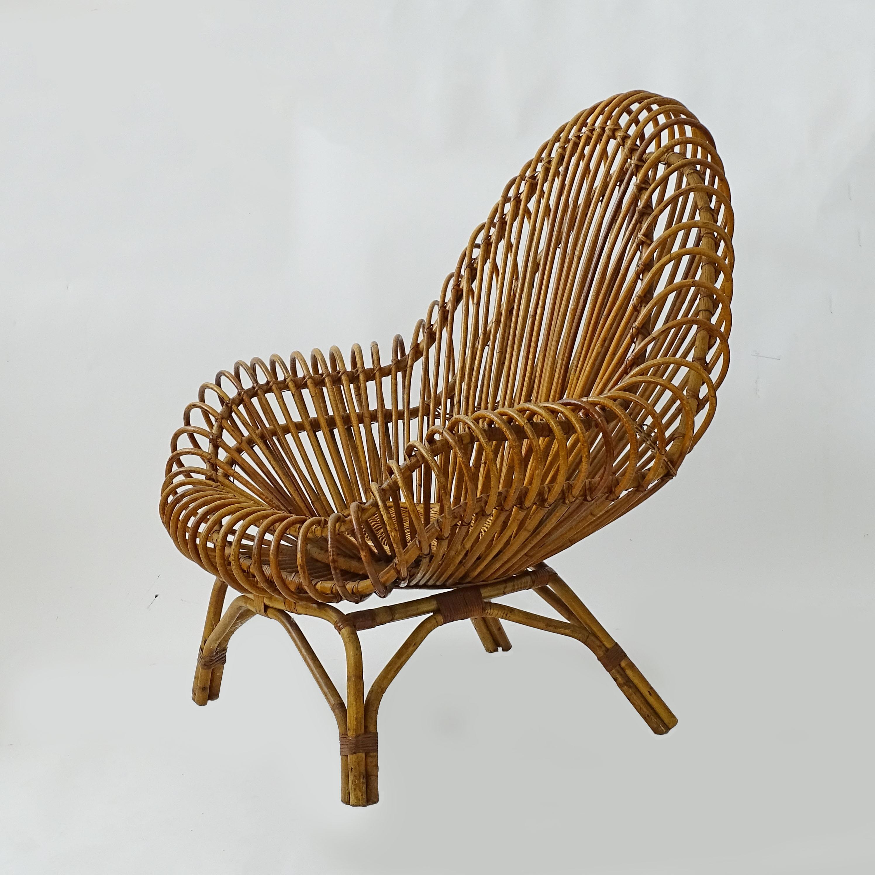 Gran sillón italiano de bambú y mimbre de los años 50 Moderno de mediados de siglo en venta