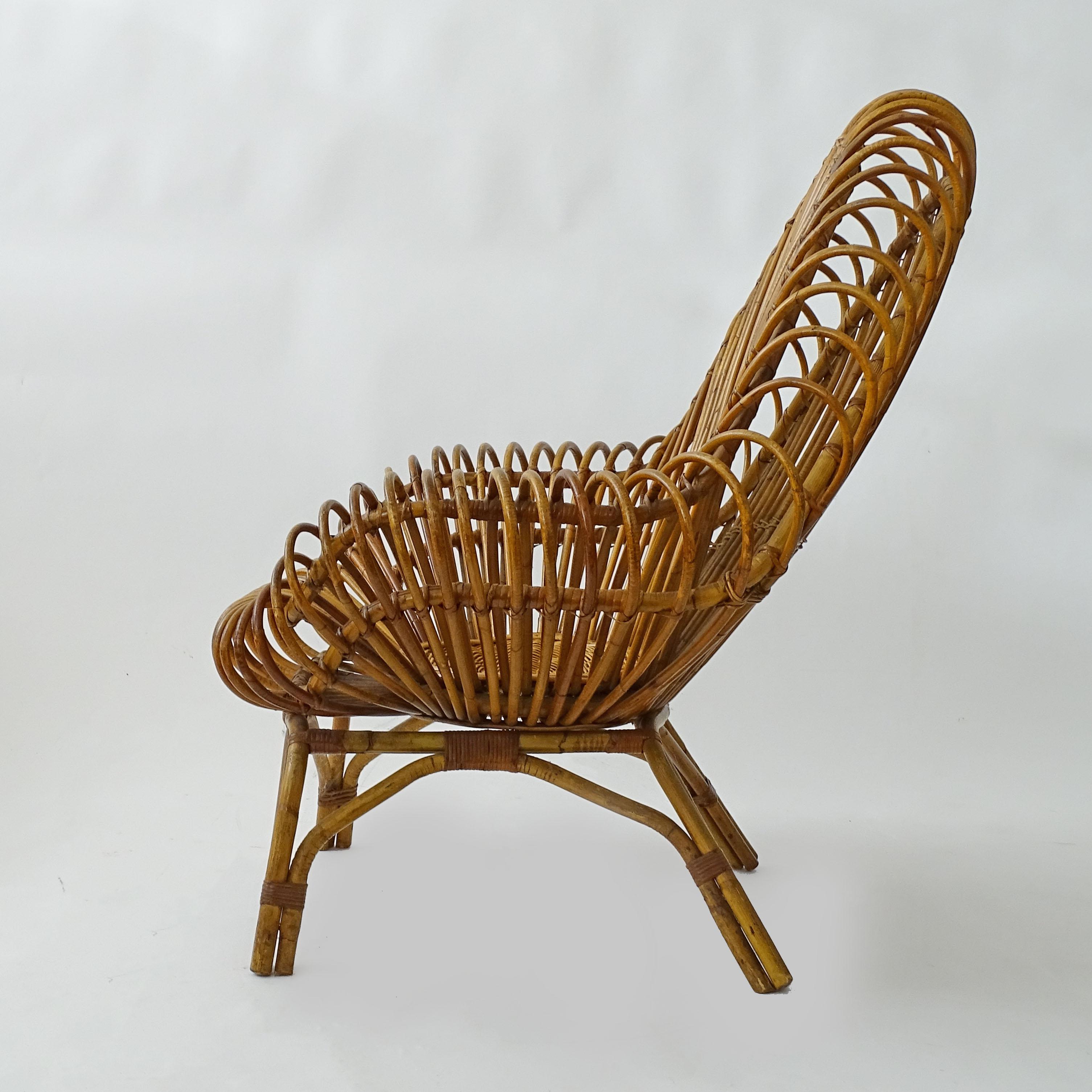 Gran sillón italiano de bambú y mimbre de los años 50 Italiano en venta