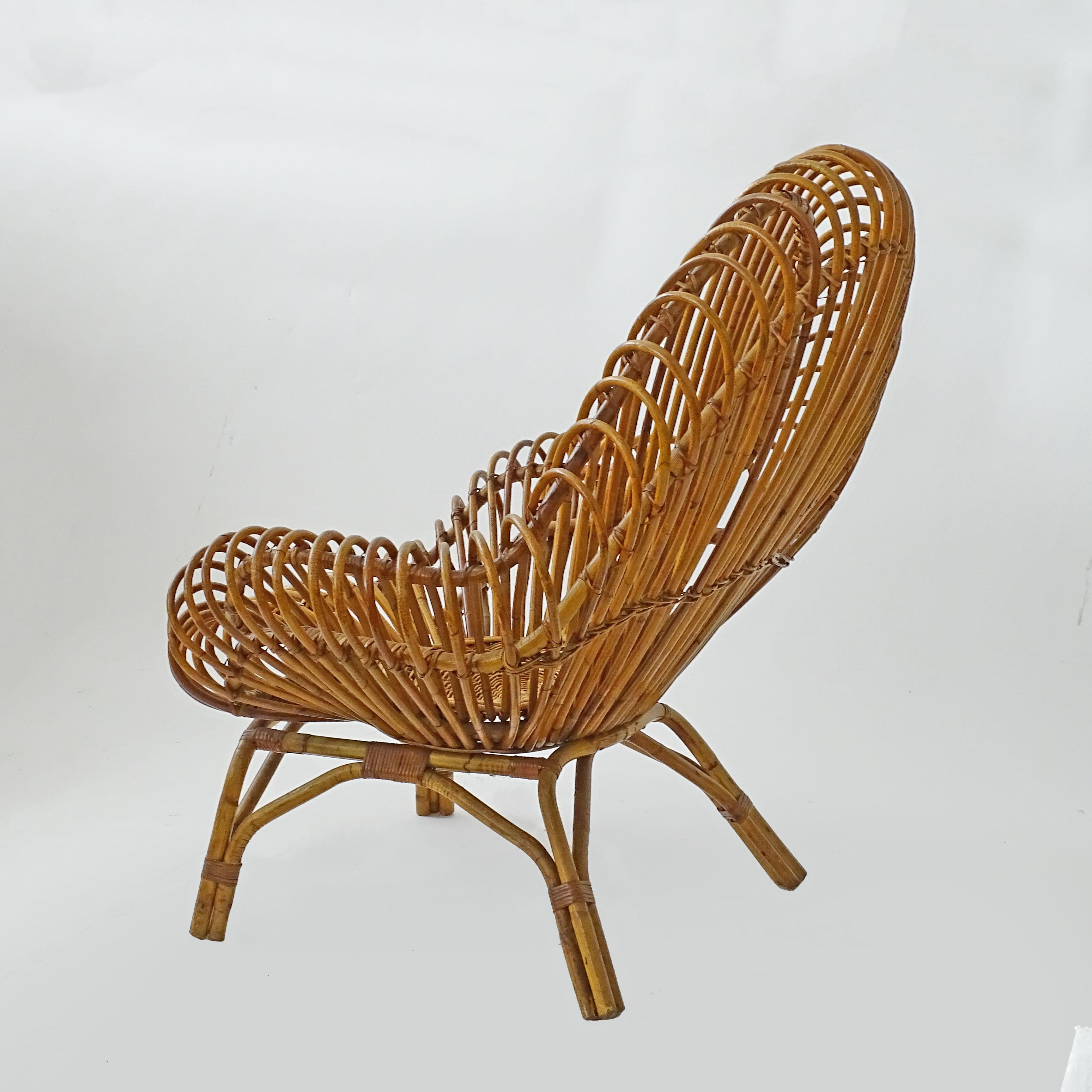 Gran sillón italiano de bambú y mimbre de los años 50 en Bueno estado para la venta en Milan, IT