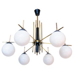 Large Italian 1950s Globe Chandelier in Brass and Glass in the style of Stilnovo