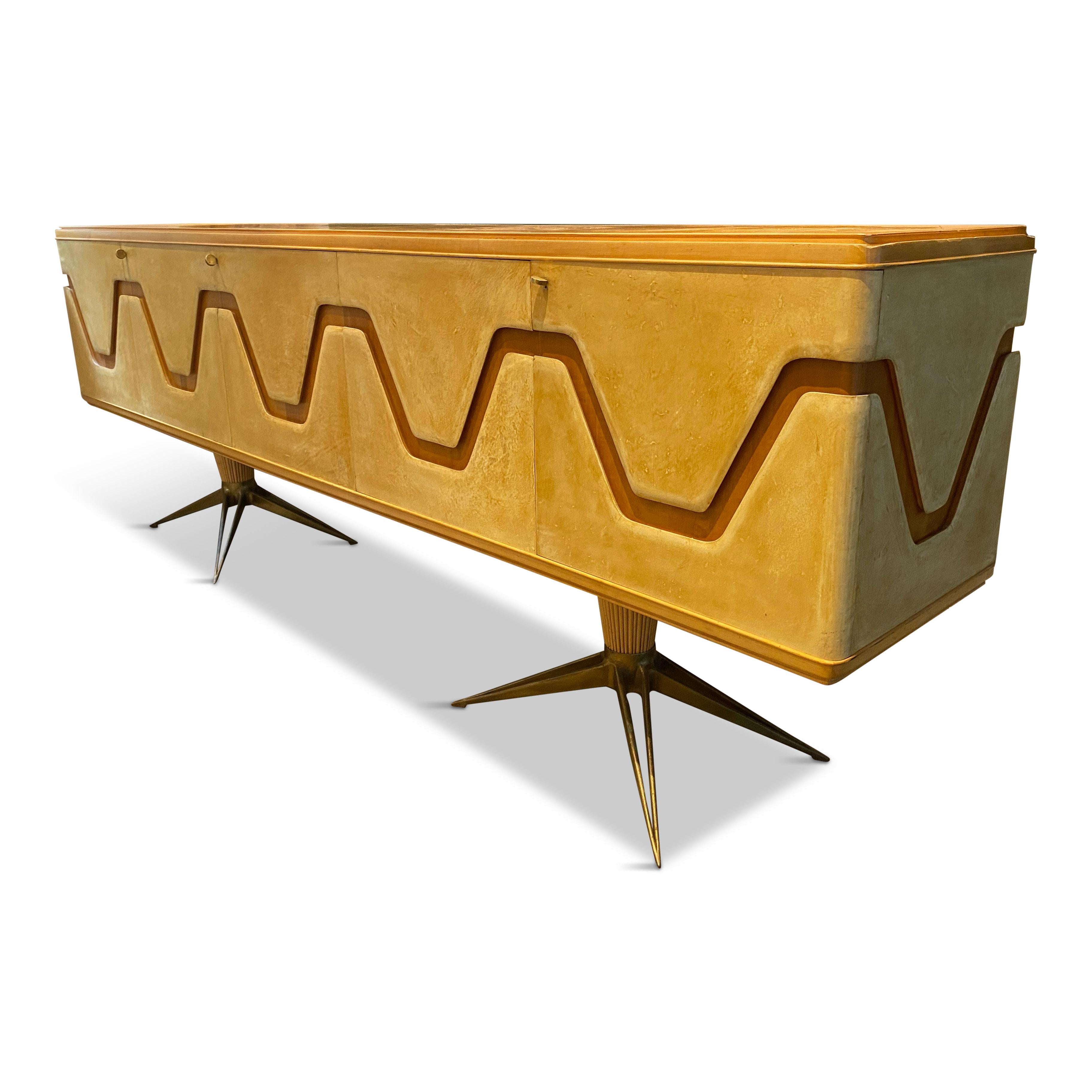 Mid-Century Modern Large Italian 1950s Parchment Sideboard on Brass Star Legs For Sale