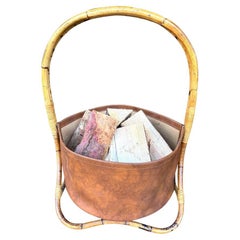 Grands paniers italiens des années 1960 en bambou et rotin avec bols en faux cuir