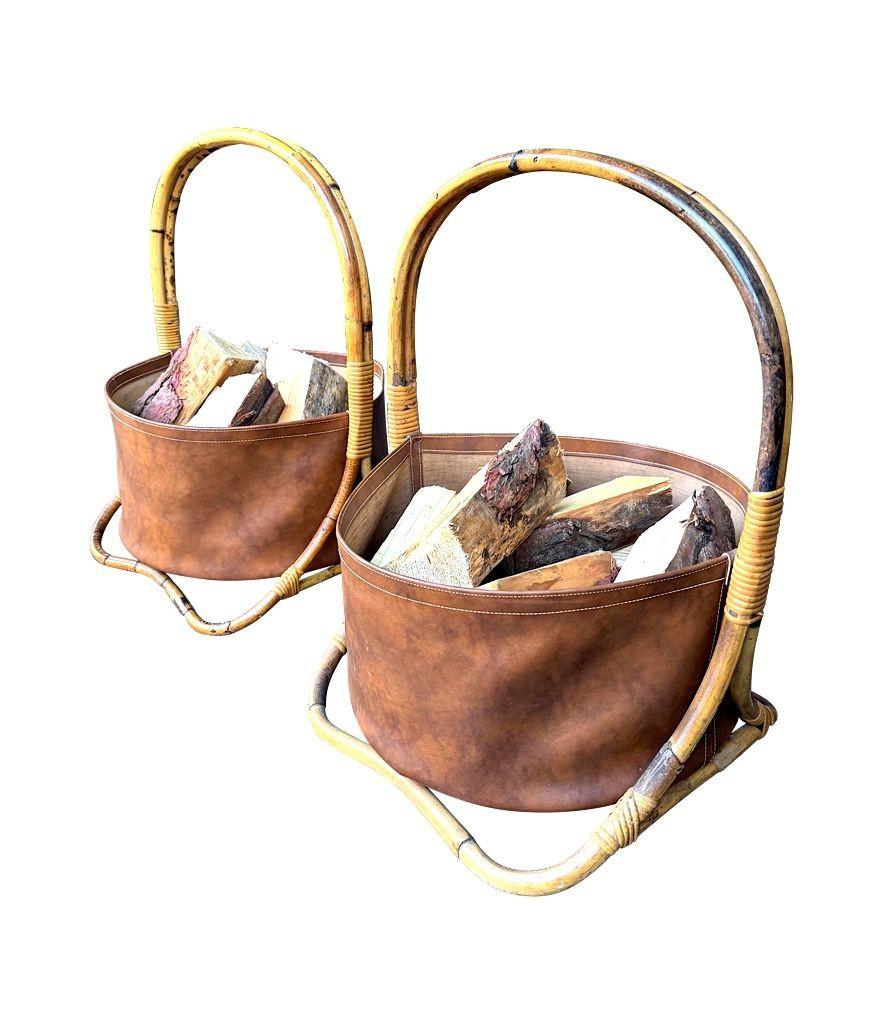 Große italienische Körbe aus Bambus und Rattan aus den 1960er Jahren mit Schalen aus Kunstleder (Moderne der Mitte des Jahrhunderts) im Angebot