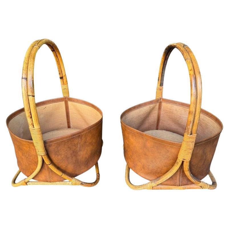 Große italienische Körbe aus Bambus und Rattan aus den 1960er Jahren mit Schalen aus Kunstleder im Angebot