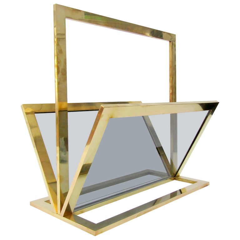 Large Italian 1970s Brass and Smoked Glass Magazine Rack at 1stDibs