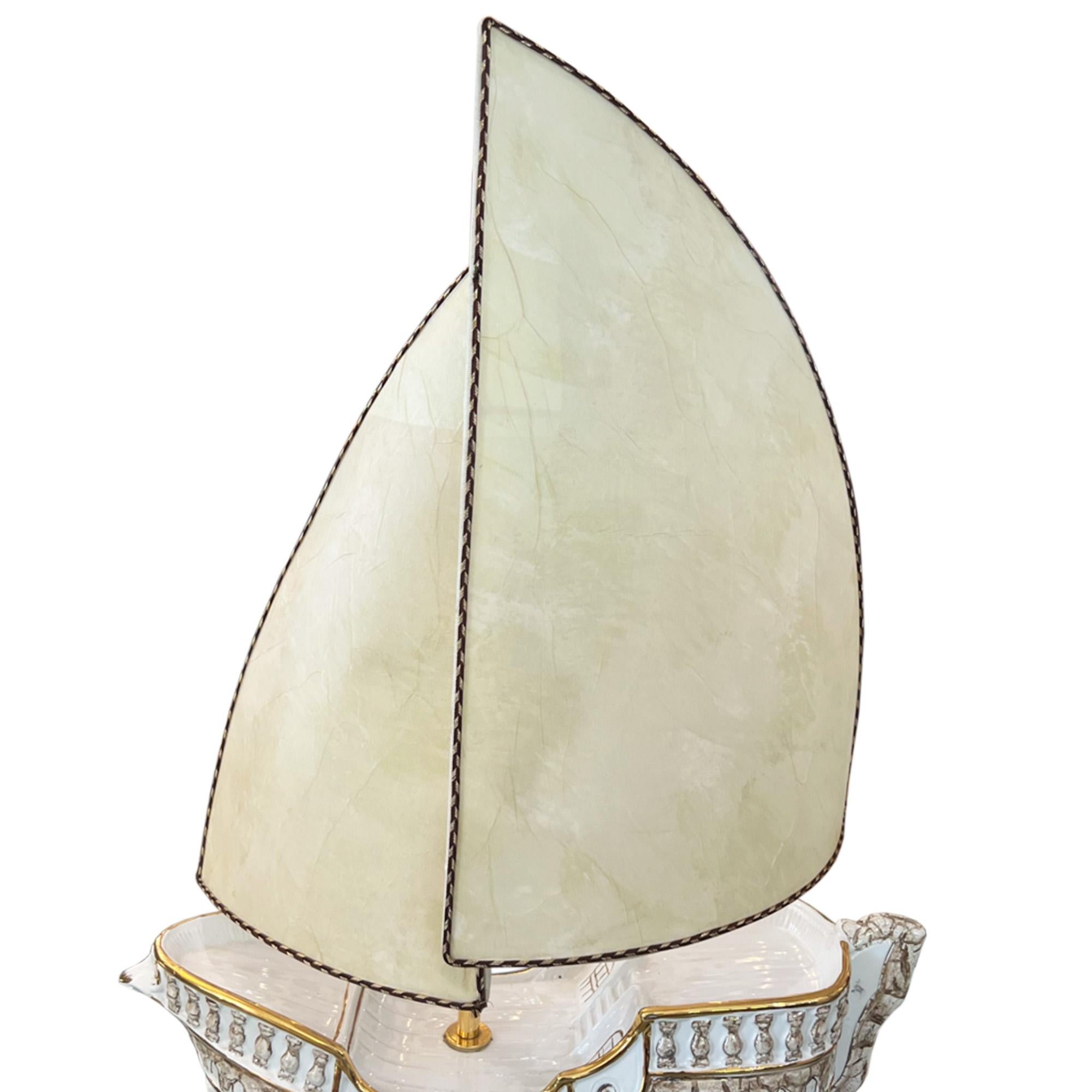 Romantic Large Italian 1970s Galleon Table Lamp With Parchment Sail Shades For Sale