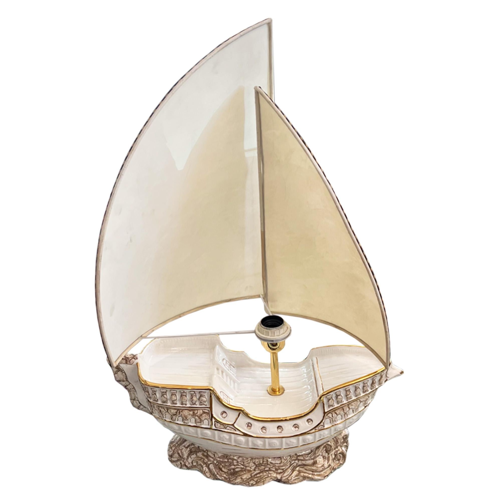 Painted Large Italian 1970s Galleon Table Lamp With Parchment Sail Shades For Sale