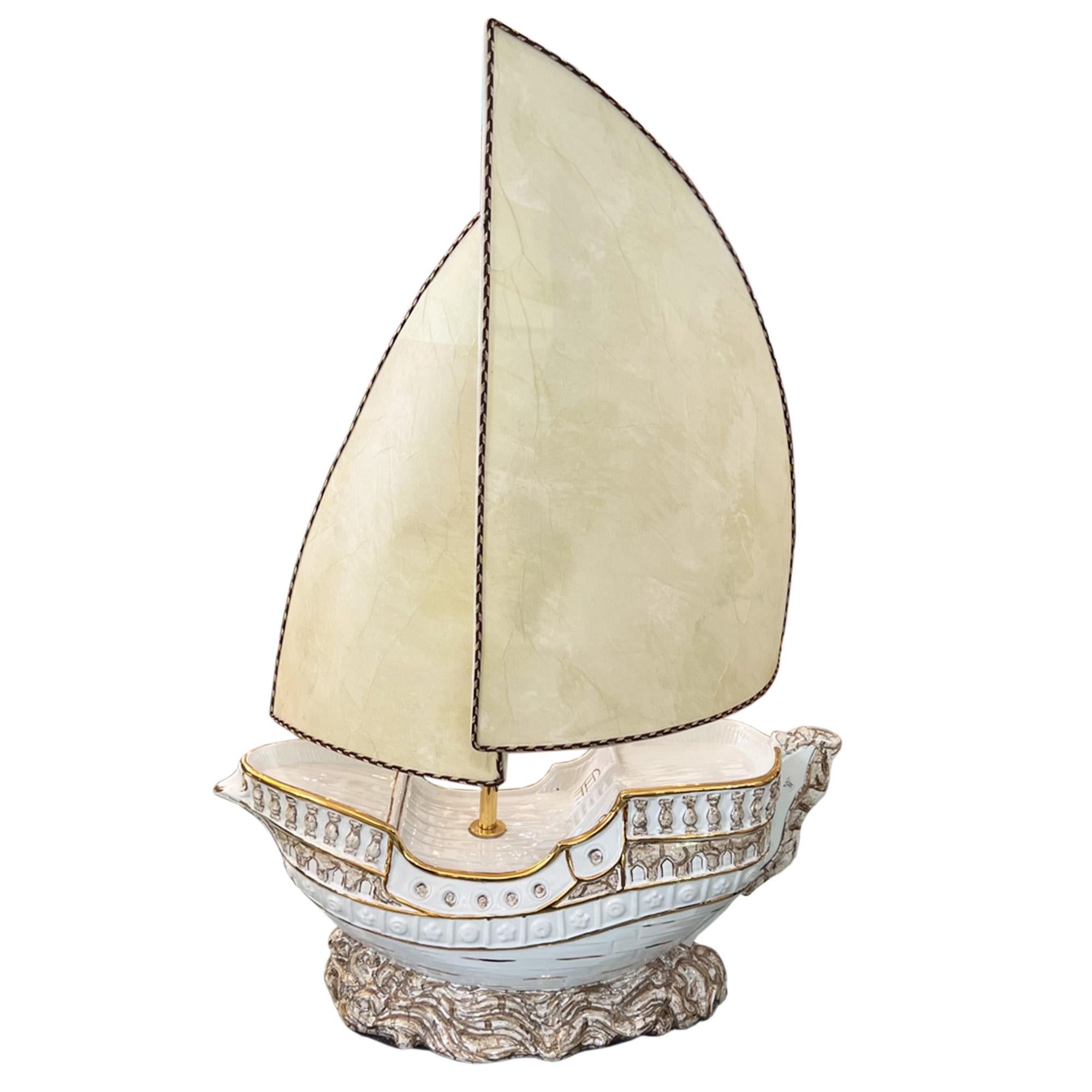 Late 20th Century Large Italian 1970s Galleon Table Lamp With Parchment Sail Shades For Sale