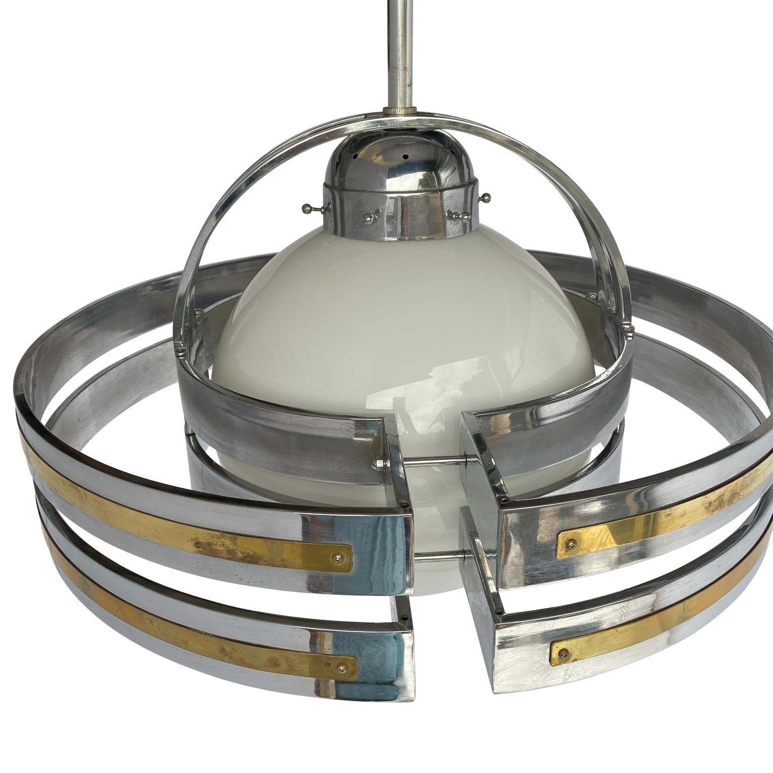 Large Italian 1980s Chrome and Brass Saturn Sphere Pendant In Good Condition In Haddonfield, NJ