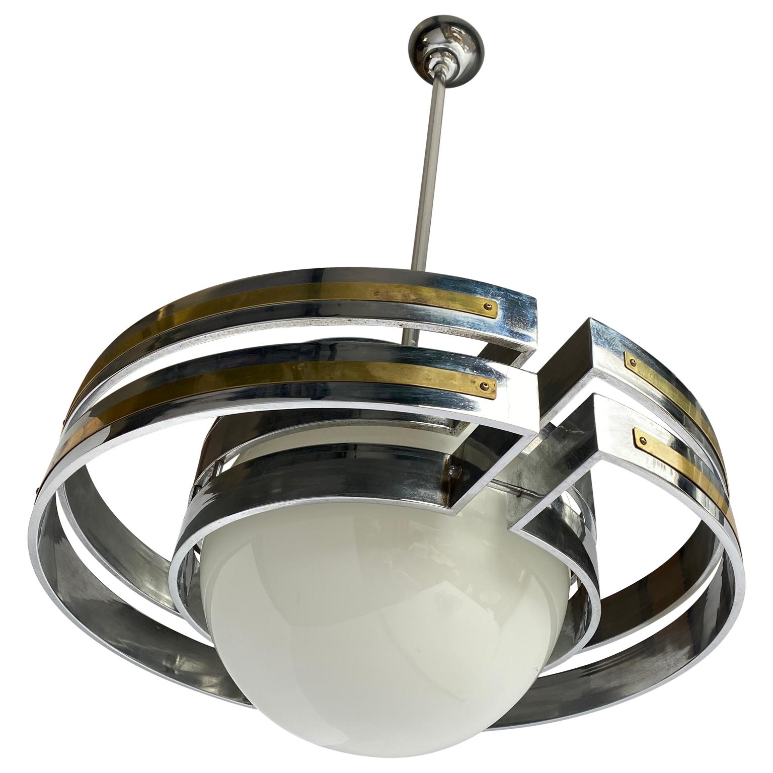 Large Italian 1980s Chrome and Brass Saturn Sphere Pendant 3