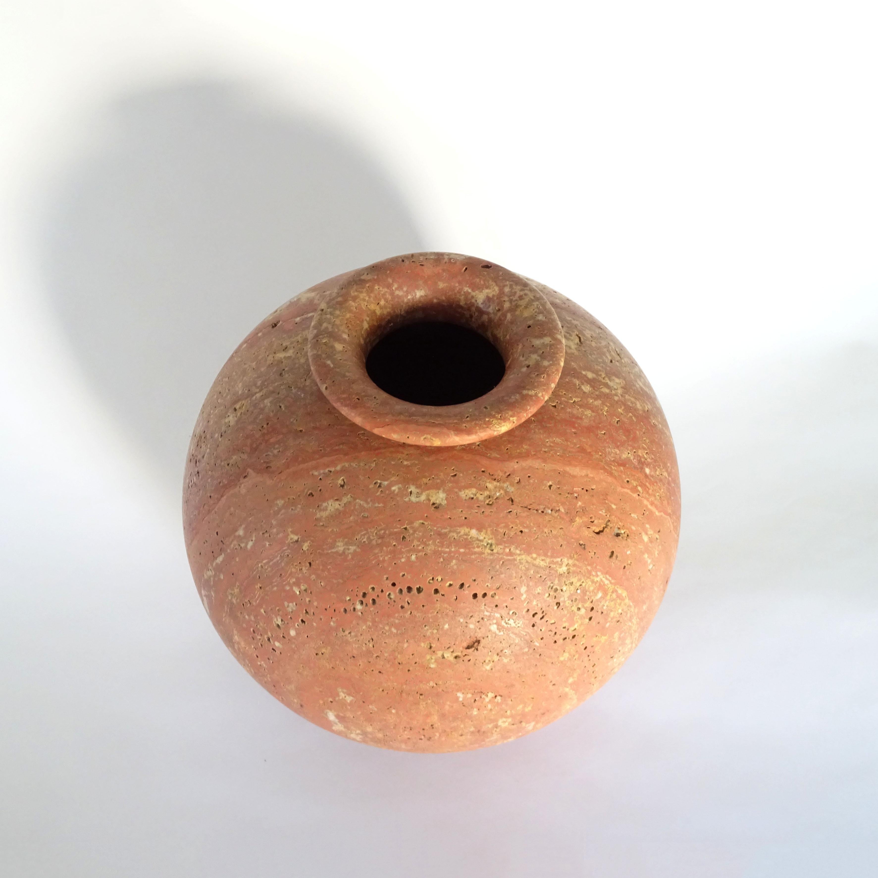 Modern Large Italian 1980s round red travertine stone vase For Sale