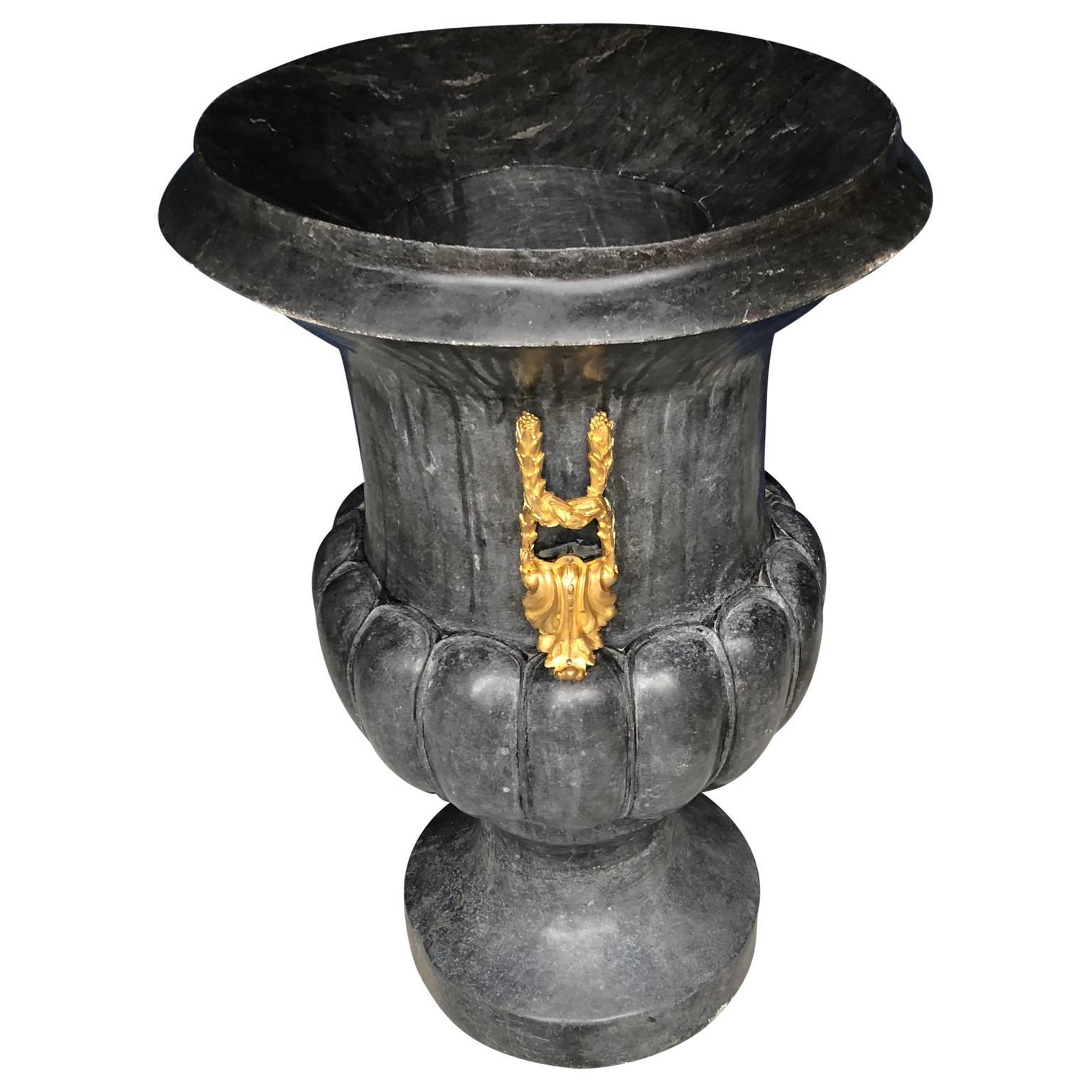 Large Italian Black Marble Bulbous Urn Or Garden Vase With Ormolu Gilding For Sale 1