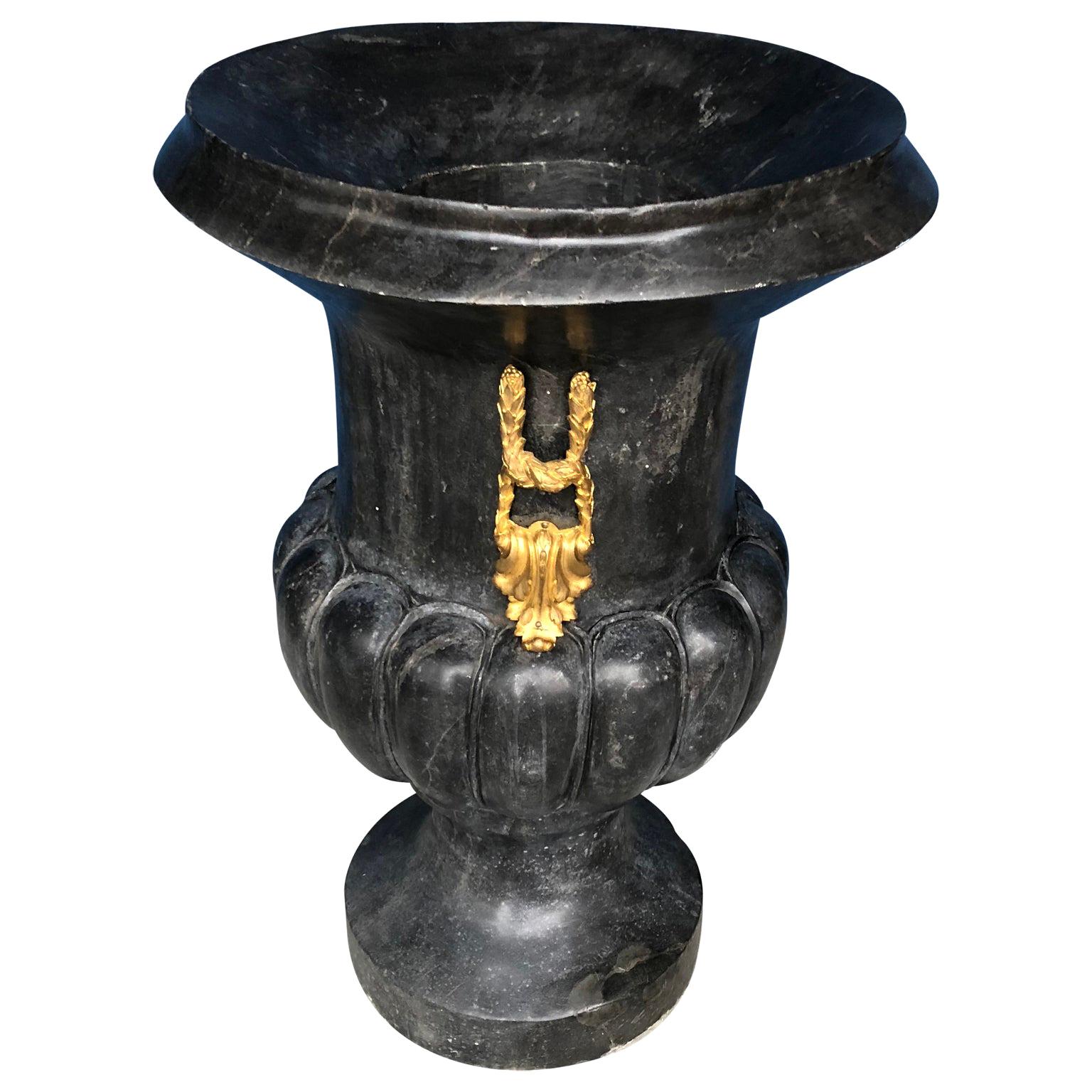Large Italian Black Marble Bulbous Urn Or Garden Vase With Ormolu Gilding