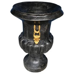Antique Large Italian Black Marble Bulbous Urn Or Garden Vase With Ormolu Gilding
