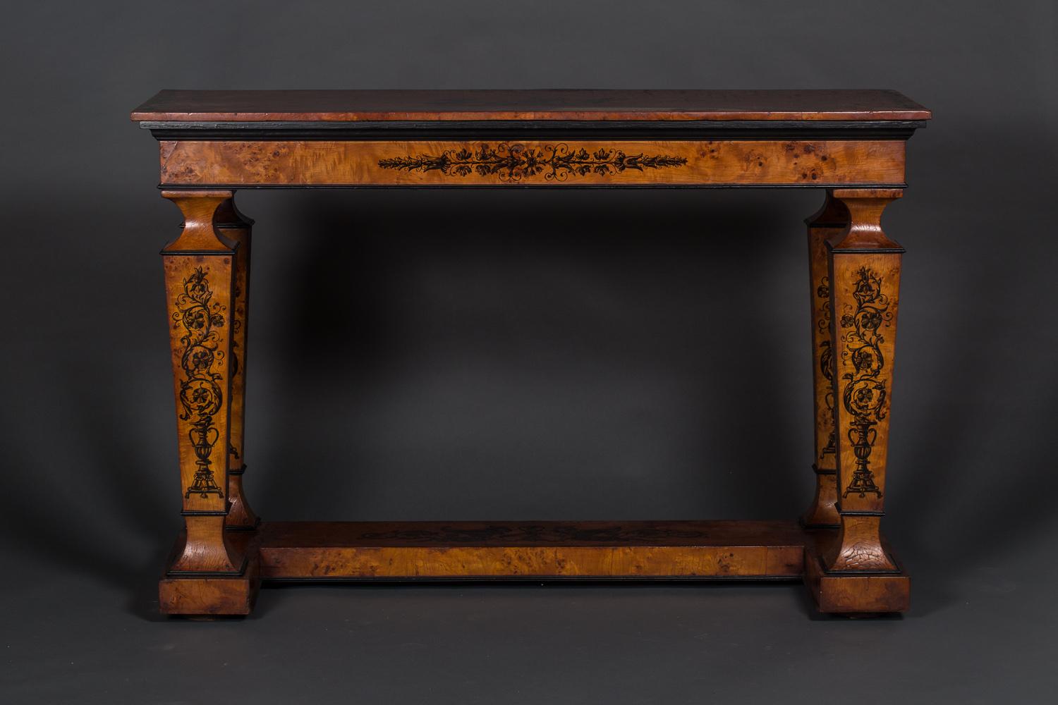 Large Italian 19th century console, beautiful and stately Italian antique console table from the mid-19th century. Constructed with burl veneer, and ebonized accents. Hand painted vignettes of classically inspired images decorate all parts of this