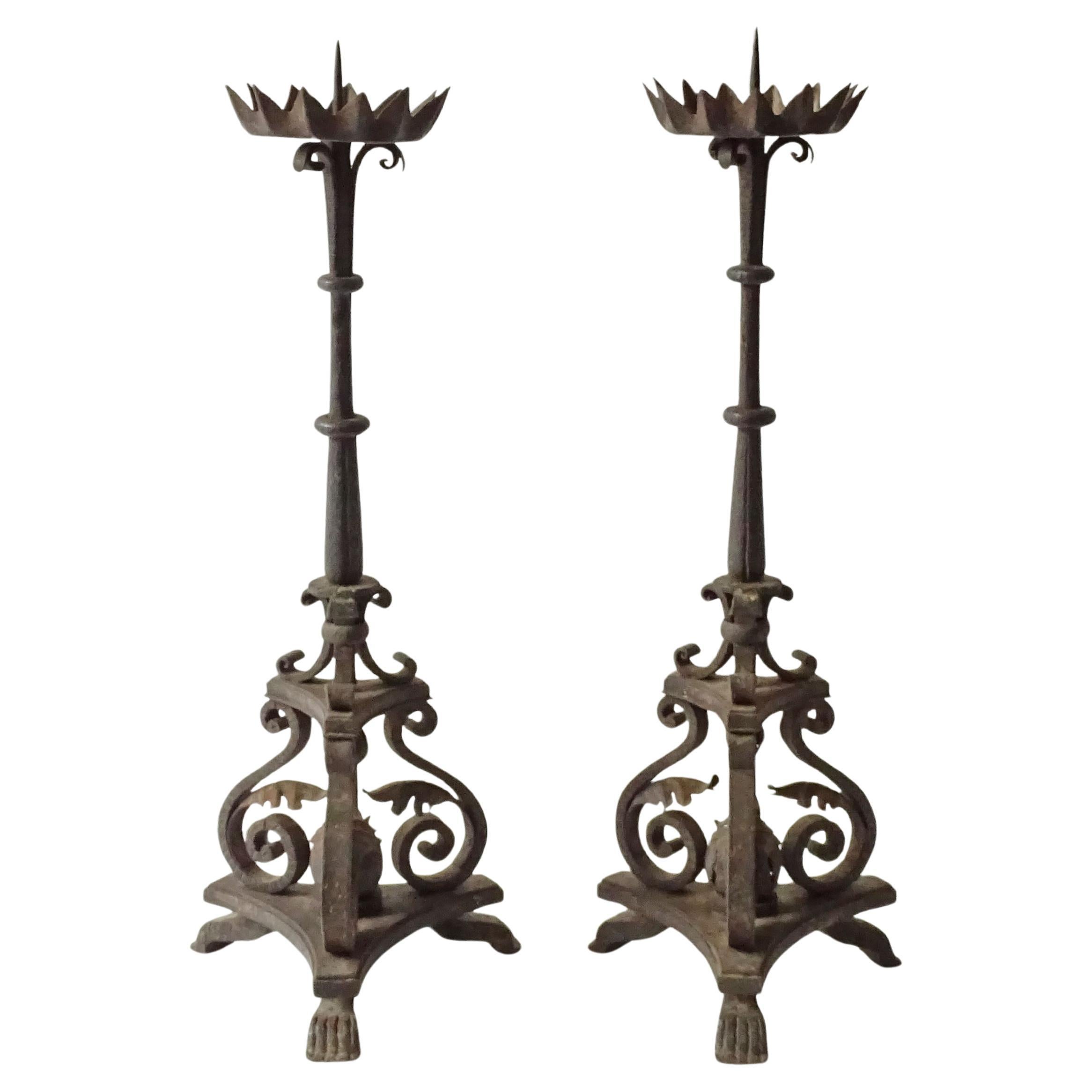 Large Italian 19th Century Hand Crafted Wrought Iron Candlesticks