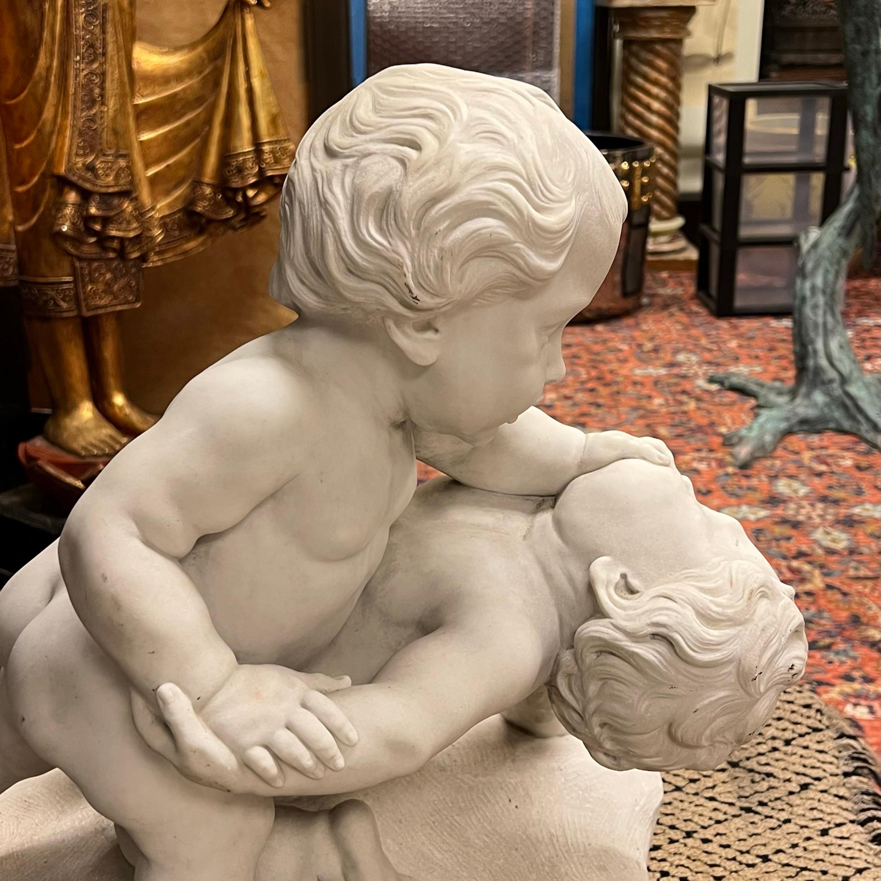 Large Italian 19th Century Marble Sculpture of Wrestling Putti For Sale 7