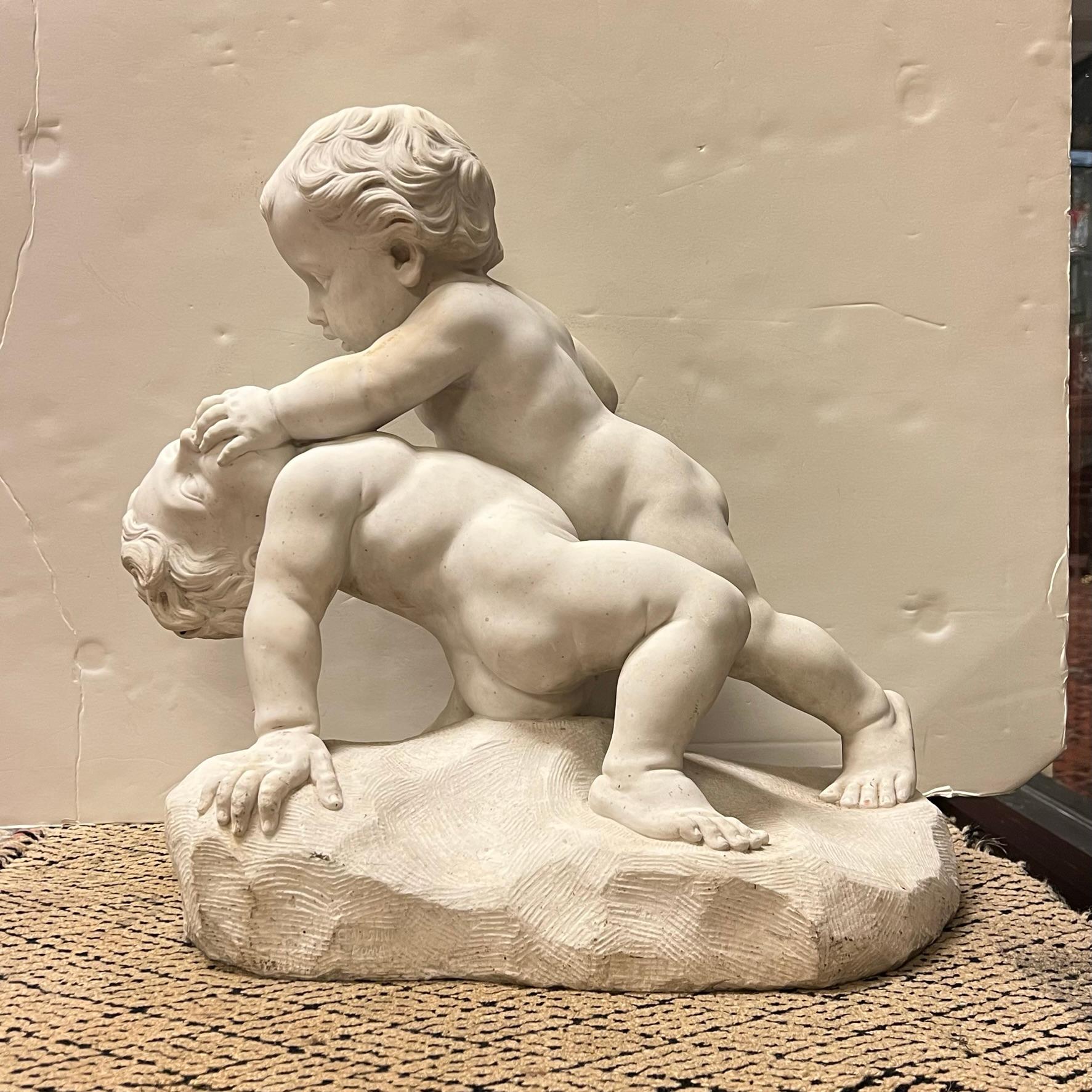 Neoclassical Revival Large Italian 19th Century Marble Sculpture of Wrestling Putti For Sale