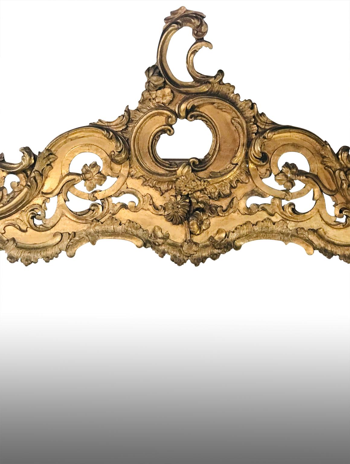 Large Italian 19th century gilt mirror with Rococo style carvings and decor.