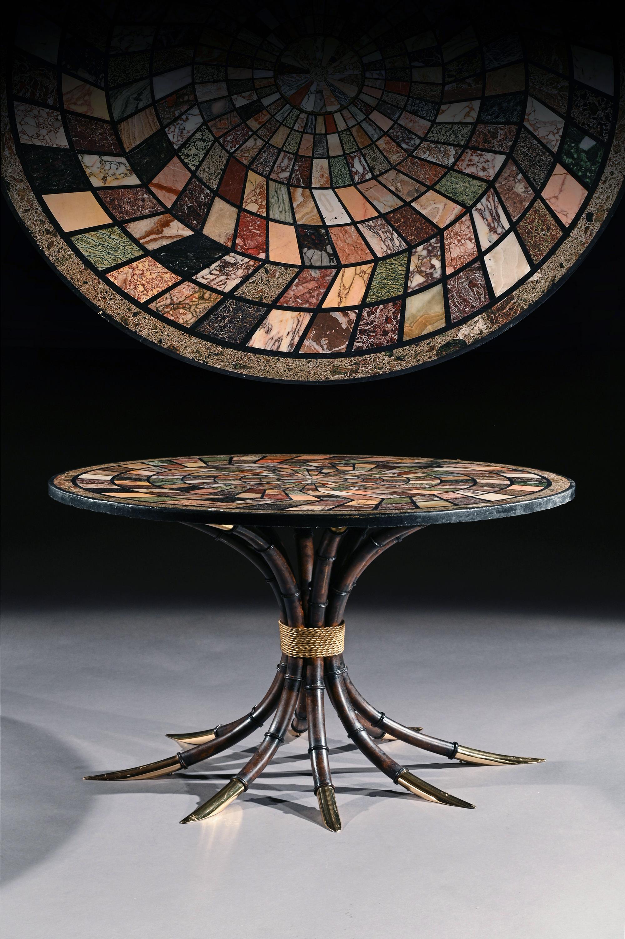 A rare and extremely large early to mid-19th century specimen marble top centre table on a mid-20th century Italian faux bamboo and gilt iron splayed base.

Italy, Rome, circa 1840.

Inlaid with concentric rings of chevron-shaped marbles