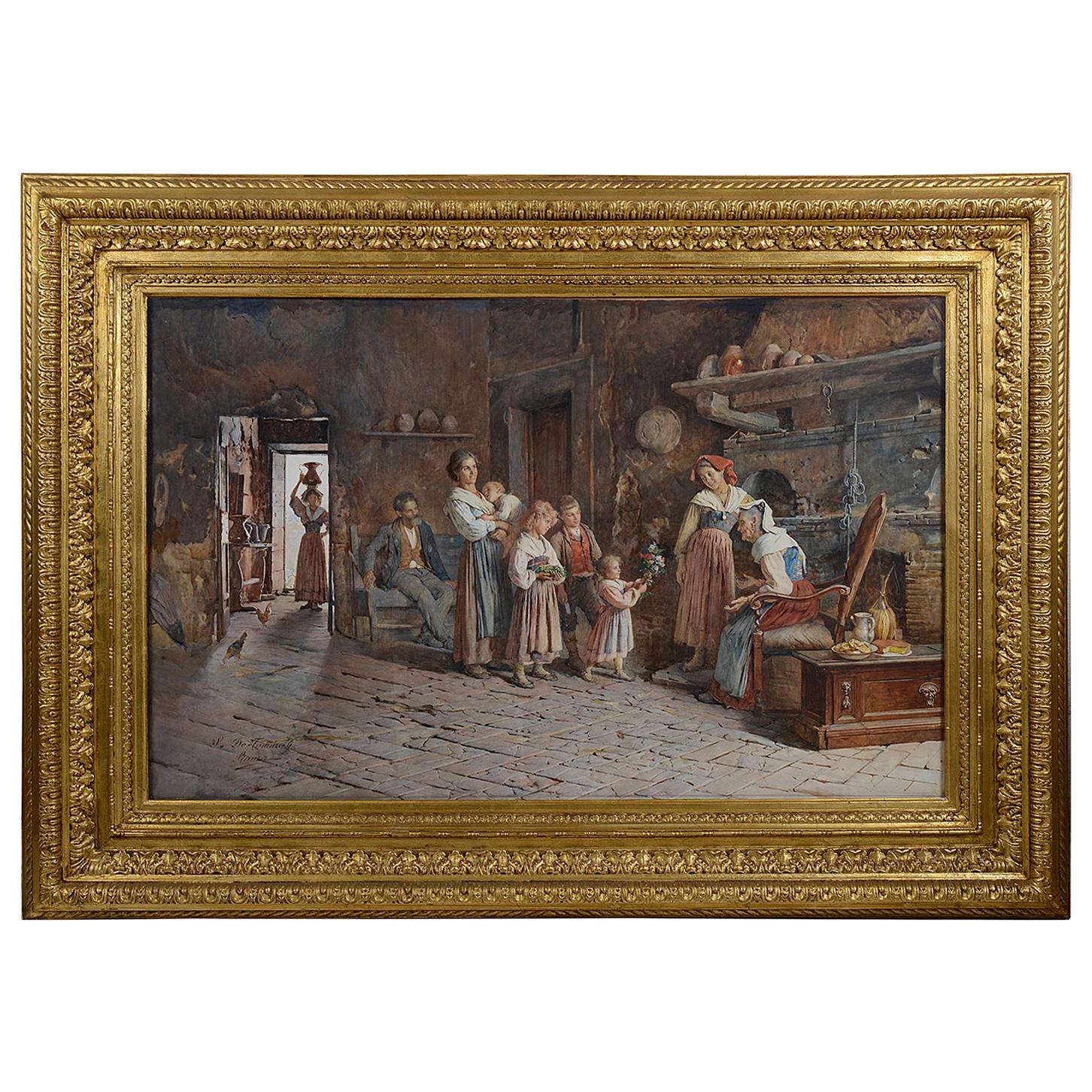 Large Italian 19th Century Water Color of a Family Scene, Signed P. De Tommaly