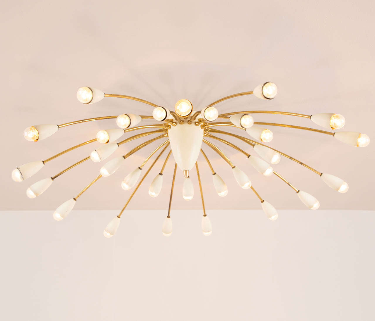 Interesting ceiling lamp from Italian origin with 30 arms.

The chandelier has a solid brass base with white coated plastic shades and enameled body.

Elegant light partition and unique expression.

A few caps shows minor wear consistent with