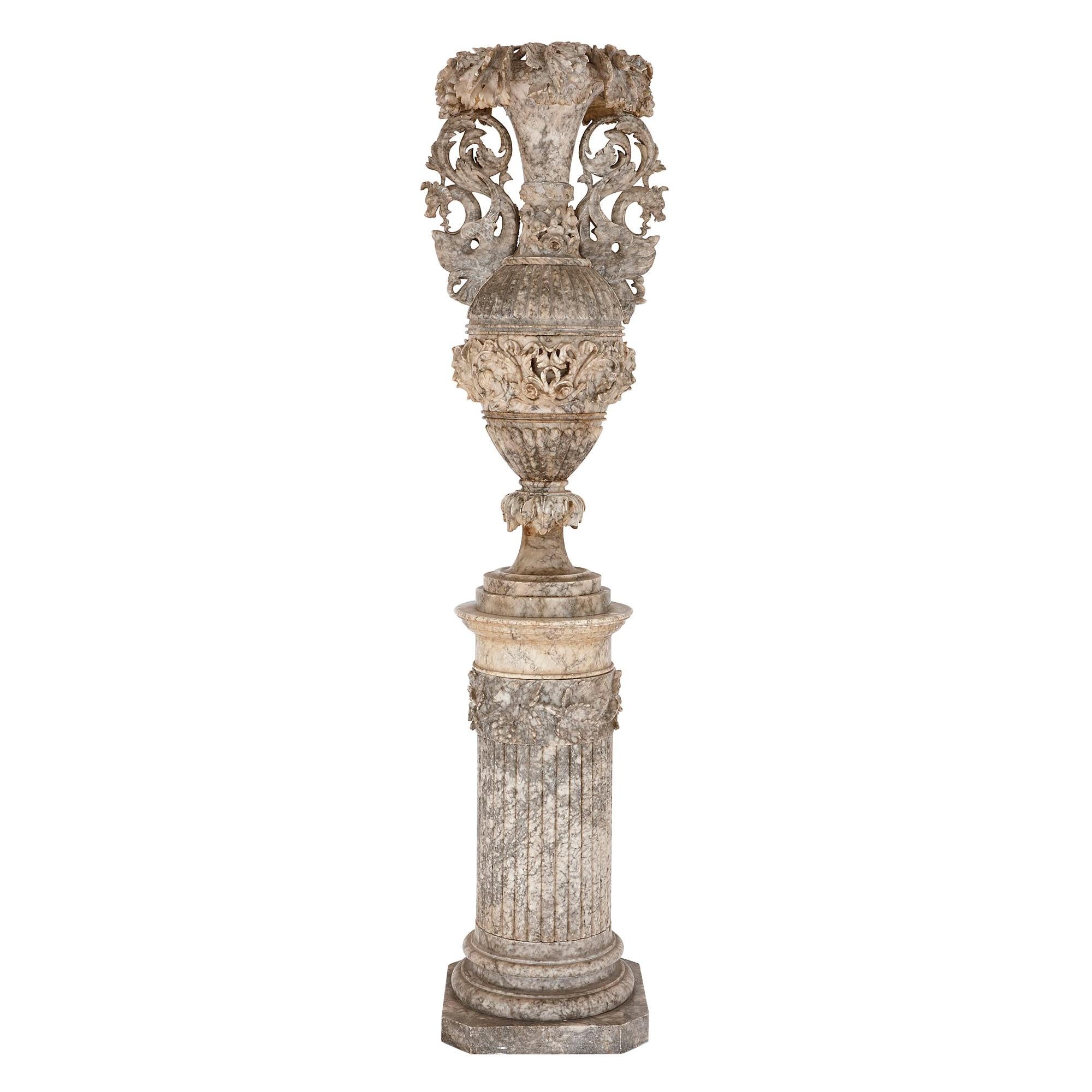 Large Italian Alabaster Vase on Stand For Sale