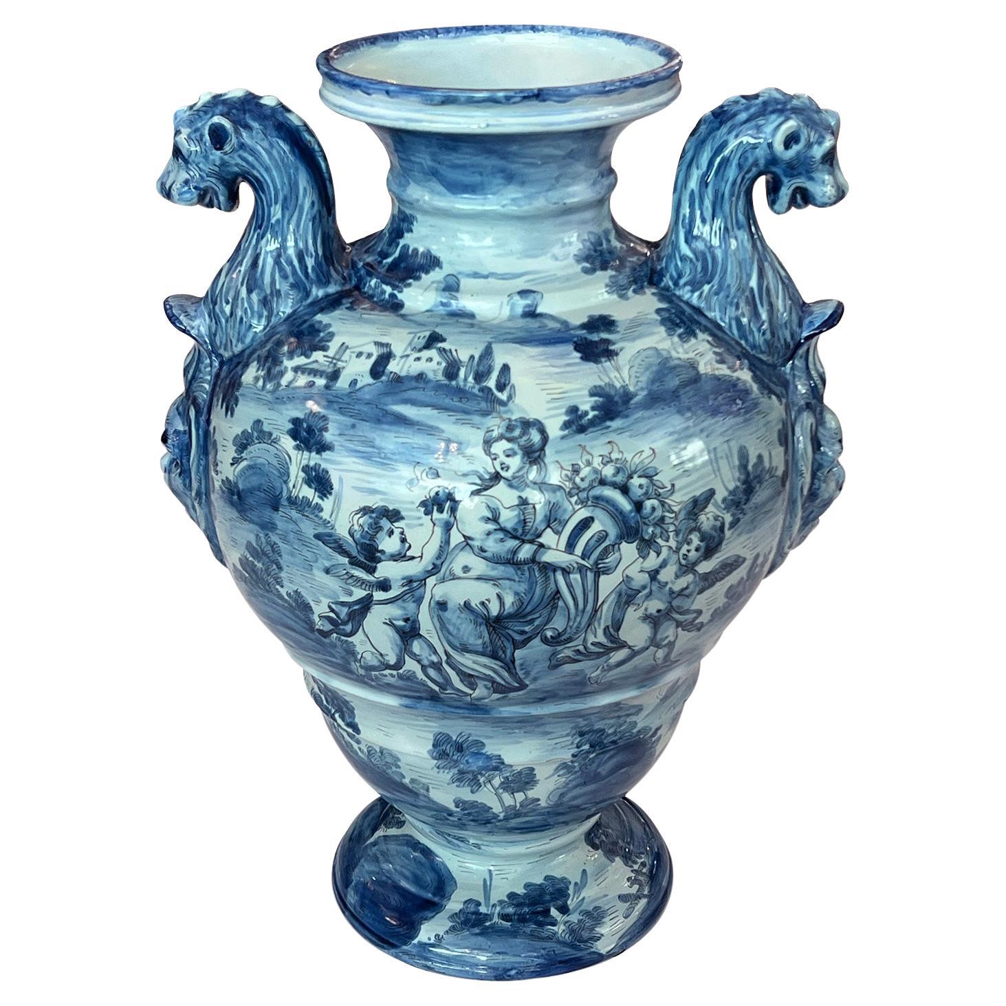 Grande Urna/Vaso in maiolica di Albisola blu e bianca smaltata a stagno