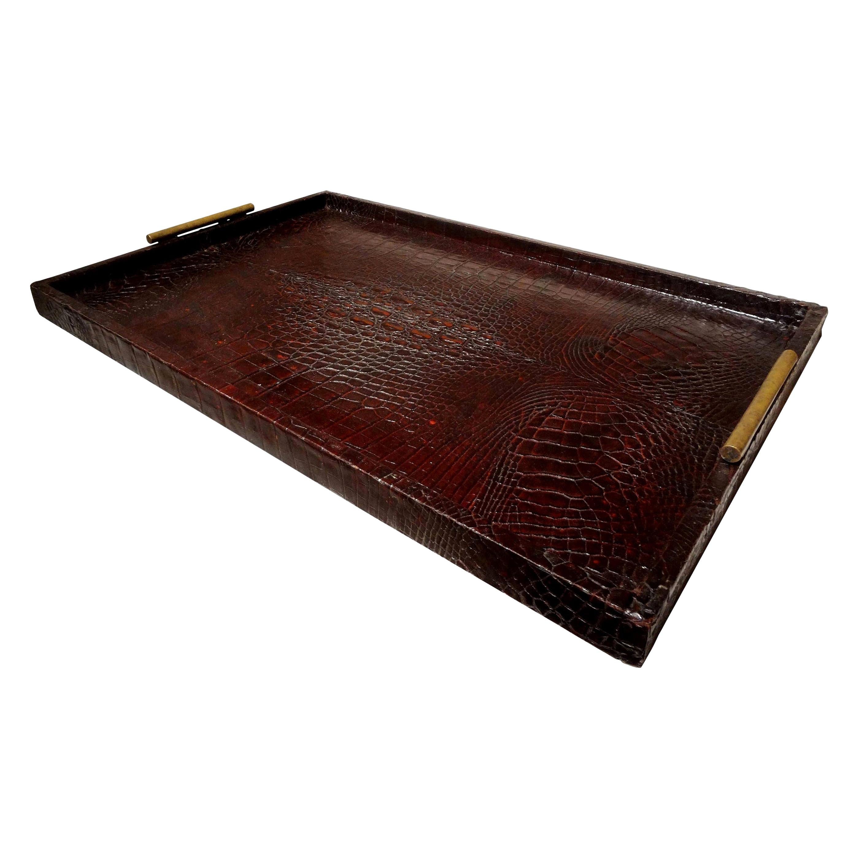 Large Italian Alligator Tray with Bronze Handles