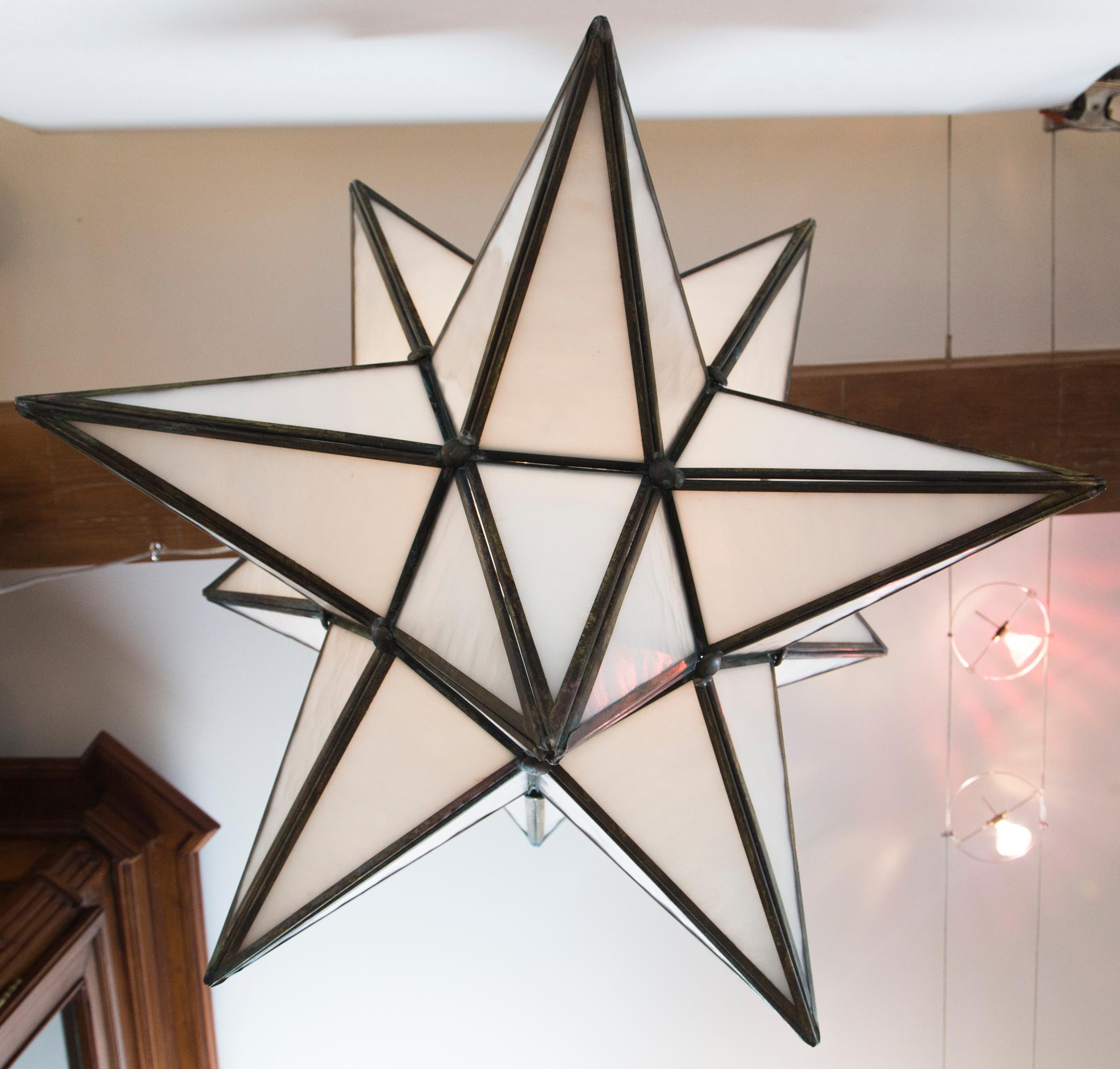 Large Italian Antiqued Brass Star Lantern/ Pair Available In Excellent Condition In Westport, CT