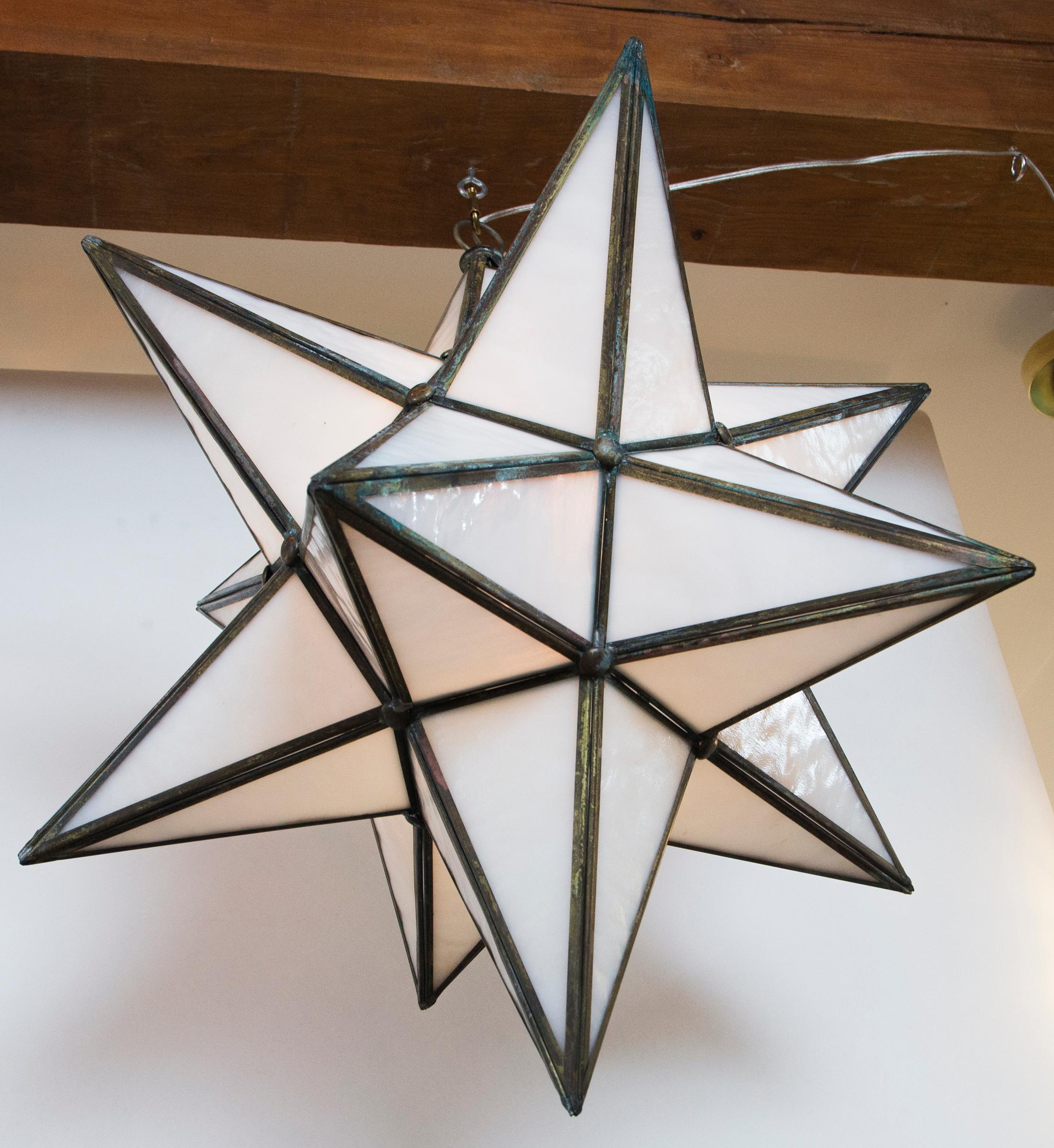 Contemporary Large Italian Antiqued Brass Star Lantern/ Pair Available