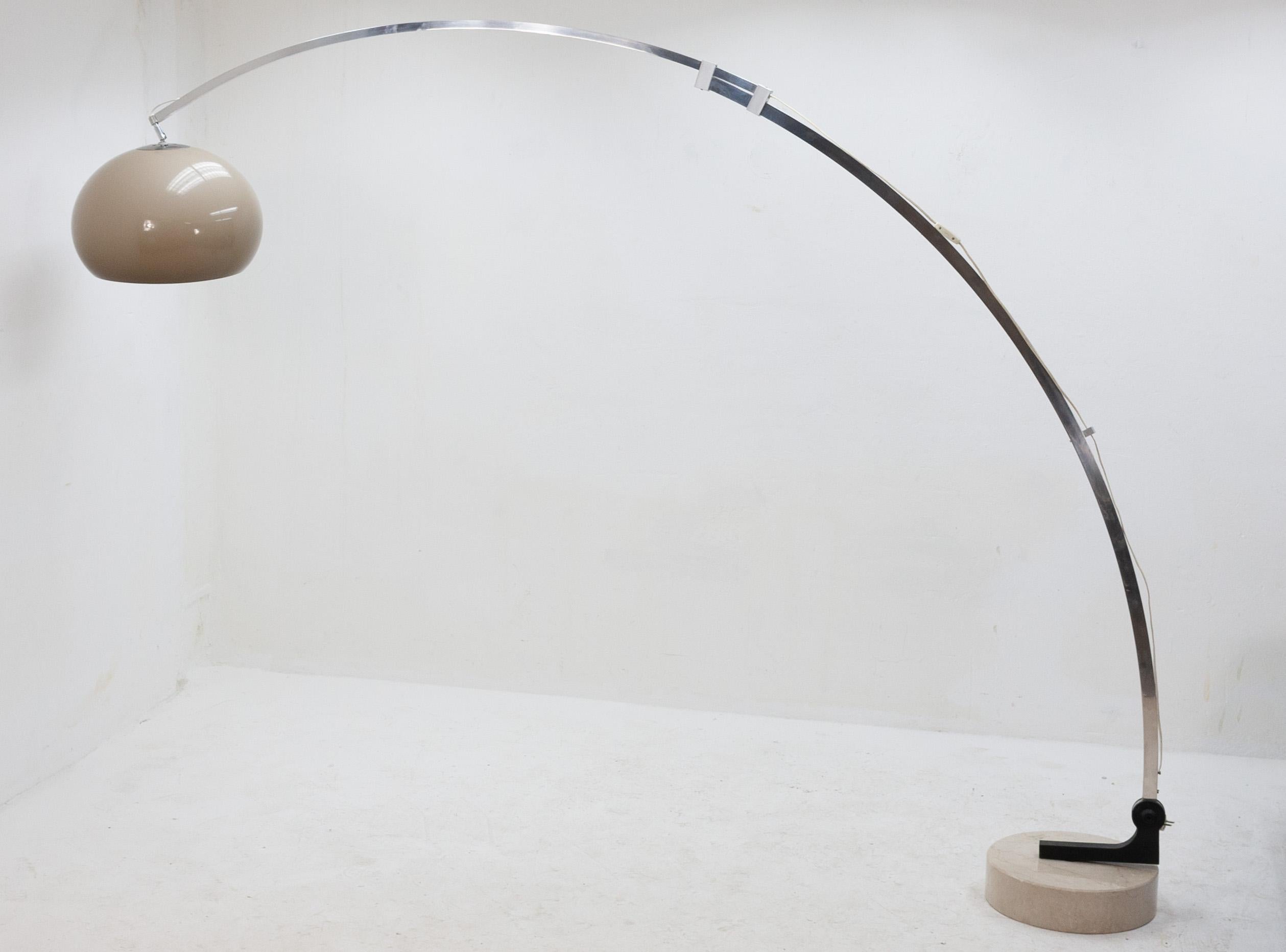 Very large Italian arc lamp with a heavy marble base and its original mocha Perspex lampshade. The arm is hinged at the base allowing the angle of the arm to be adjusted and the segments of the arm telescope to adjust the reach.