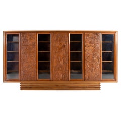 Large Italian Architectural Modern Carved Walnut and Rosewood Display Cabinet