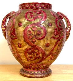 Large Italian Aretini Pottery Vase, Red & Gold Enamel Relief Decoration, Arezzo