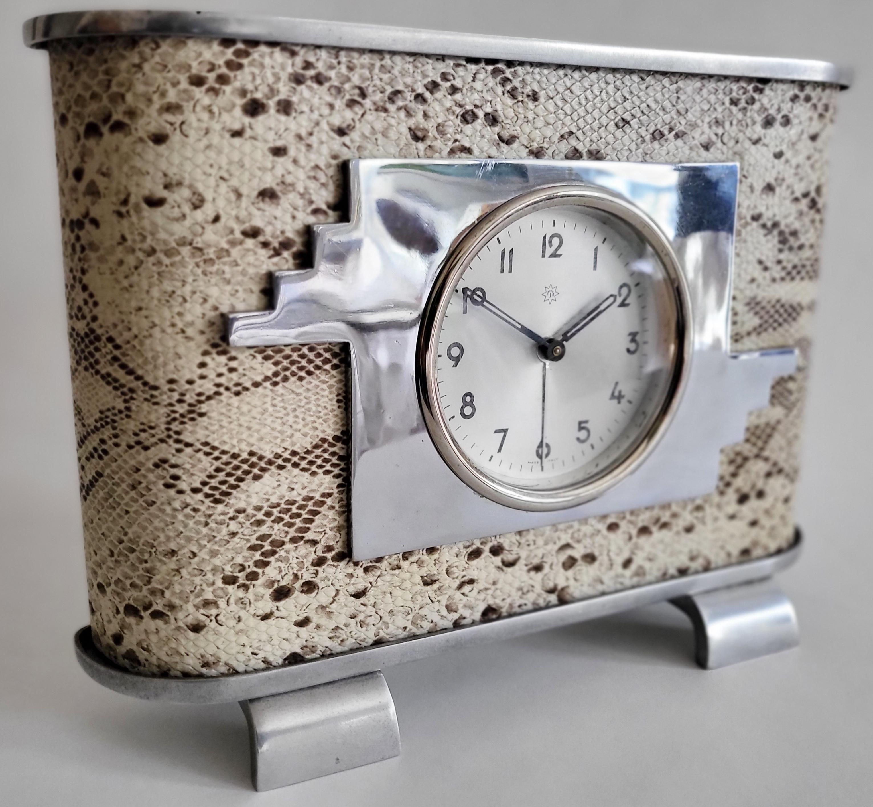 Large Italian Art Deco Aluminum, Chrome & Faux Python Alarm Clock 1