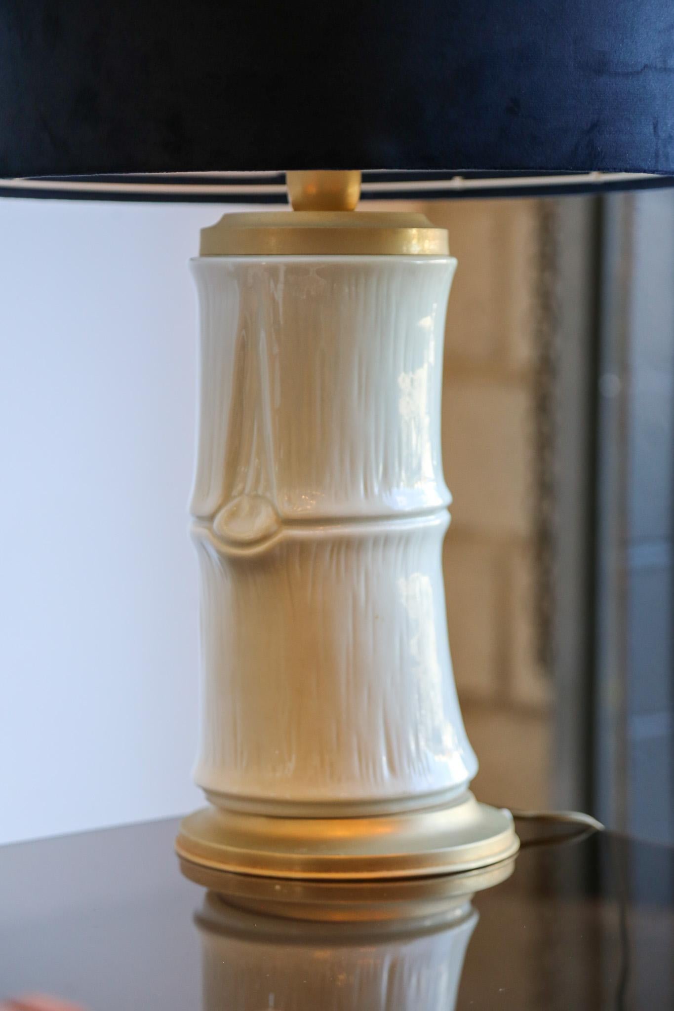 Brass Large Italian Bamboo-Form Ceramic Table Lamp For Sale