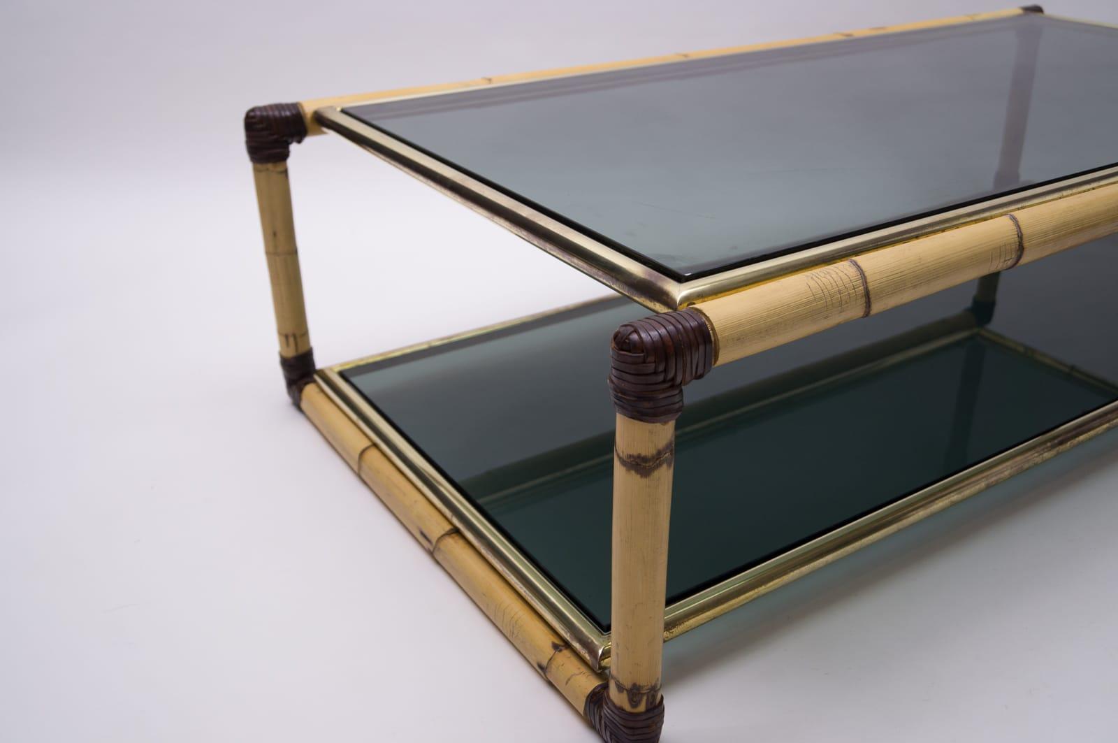 Large Italian Bamboo / Leather and Smoked Glass Coffee Table, 1960s 4