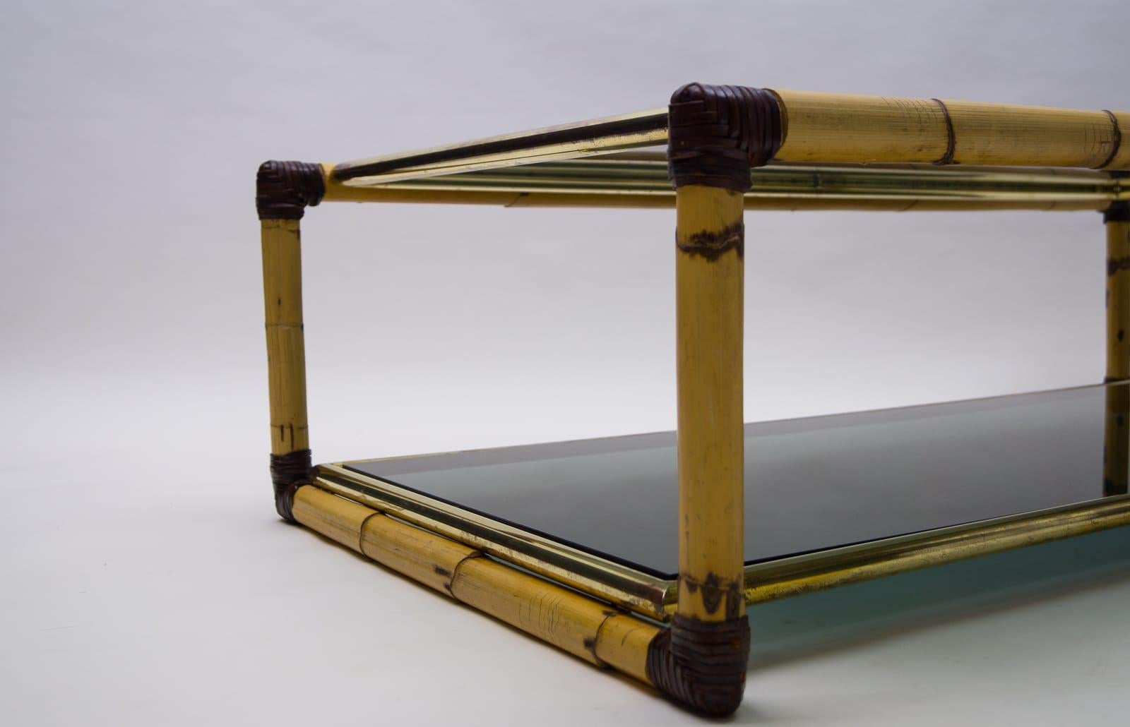 Large Italian Bamboo / Leather and Smoked Glass Coffee Table, 1960s 5
