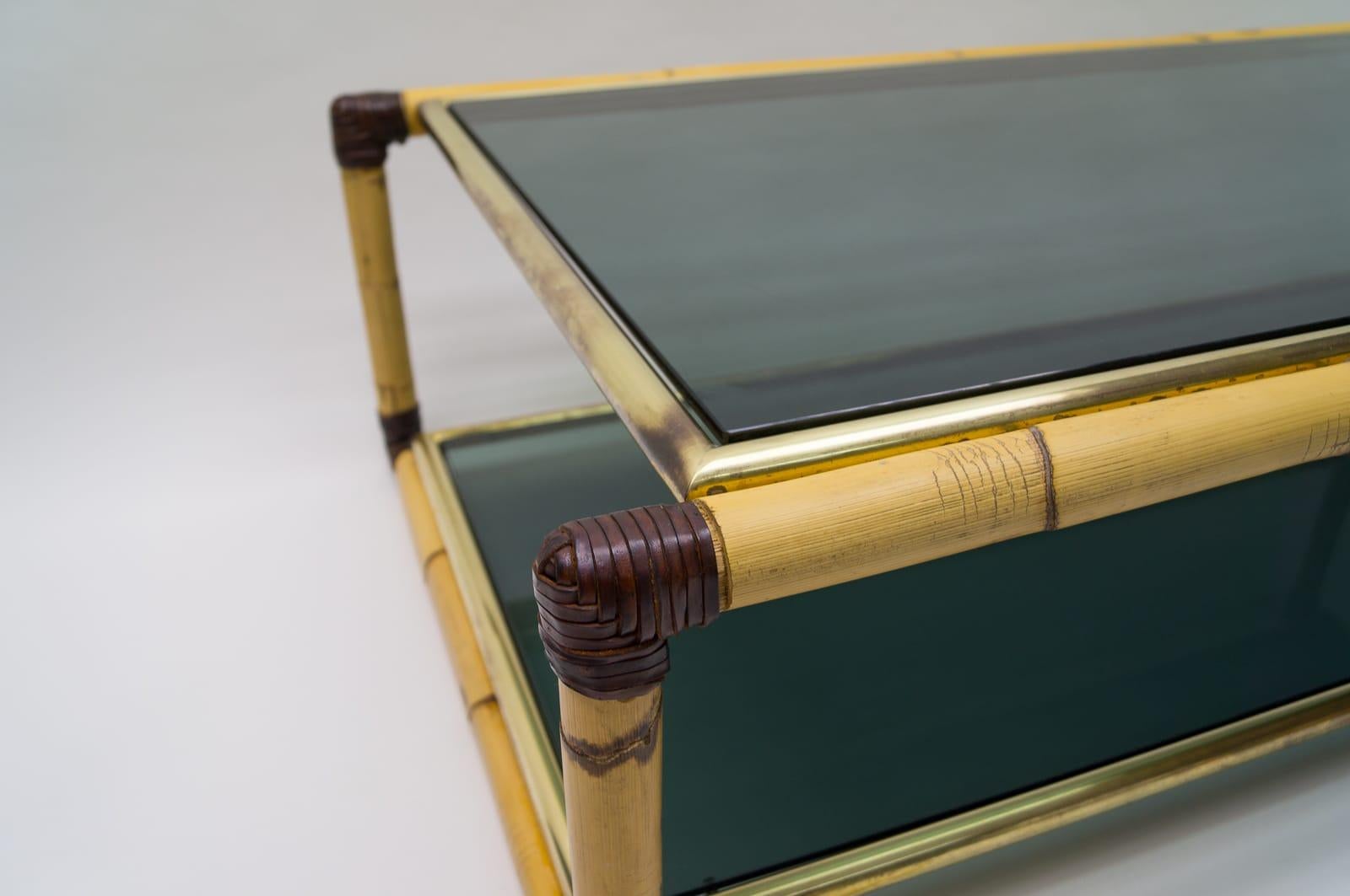 Large Italian Bamboo / Leather and Smoked Glass Coffee Table, 1960s 7