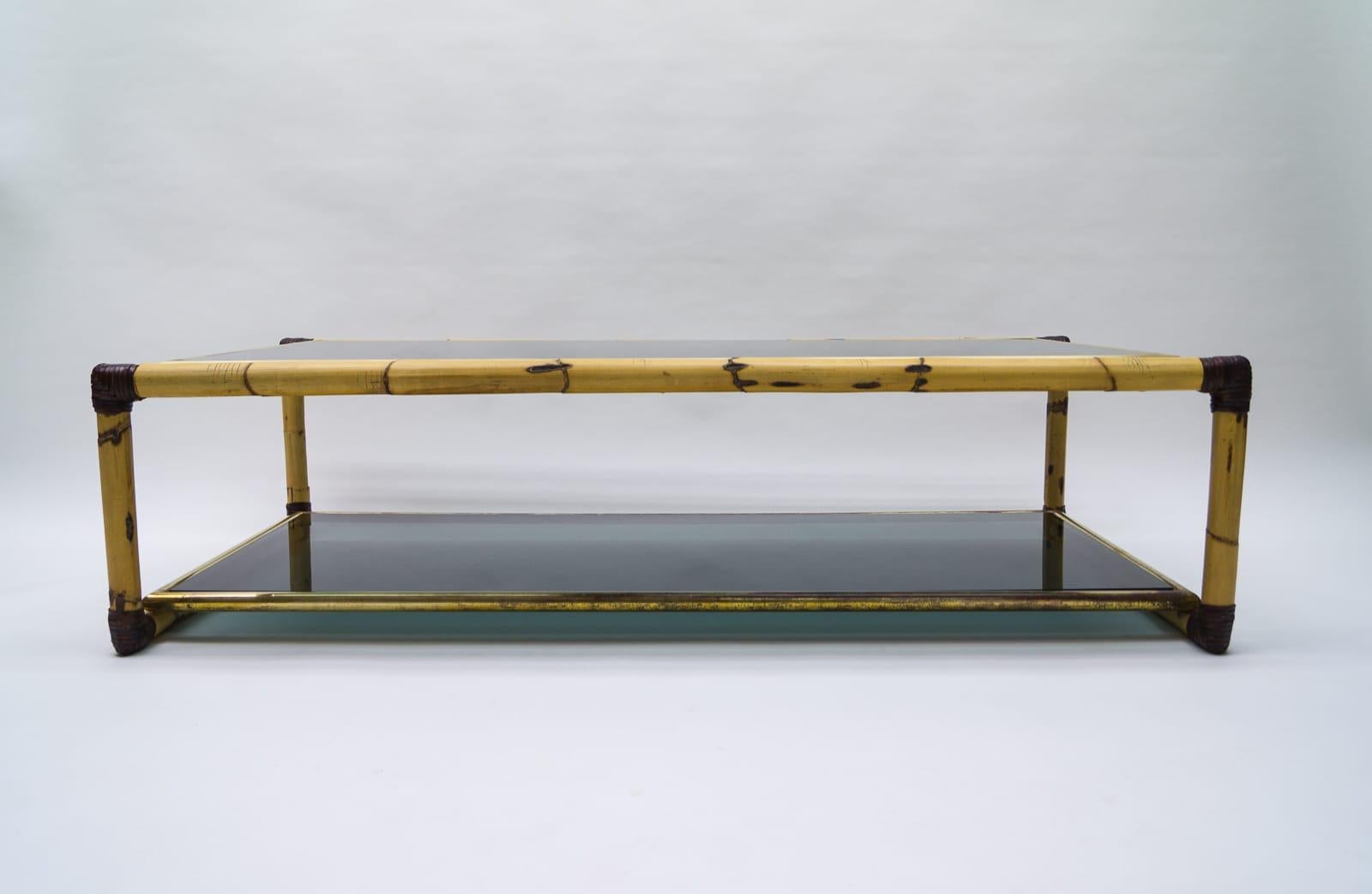 Hollywood Regency Large Italian Bamboo / Leather and Smoked Glass Coffee Table, 1960s