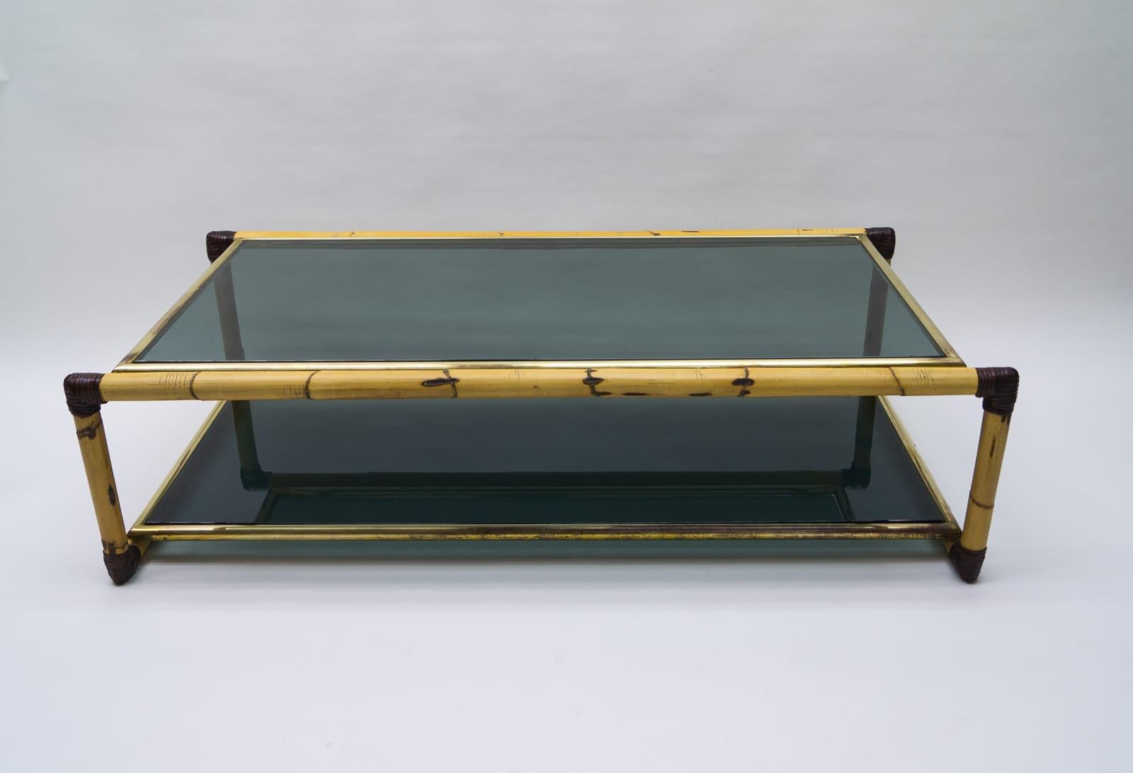 Large Italian Bamboo / Leather and Smoked Glass Coffee Table, 1960s In Fair Condition In Nürnberg, Bayern