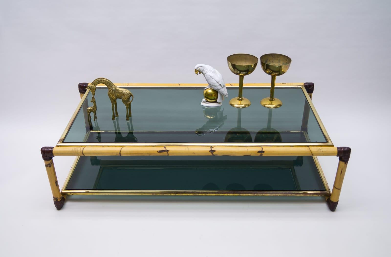 Mid-20th Century Large Italian Bamboo / Leather and Smoked Glass Coffee Table, 1960s