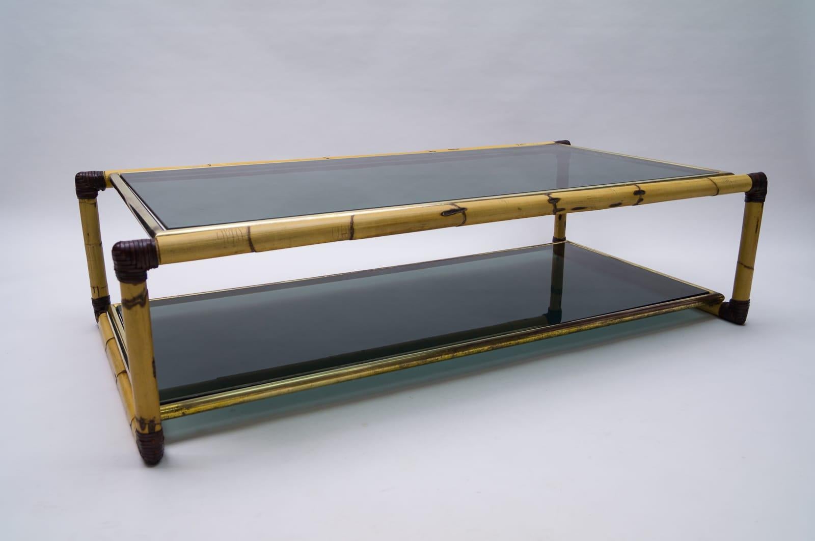 Brass Large Italian Bamboo / Leather and Smoked Glass Coffee Table, 1960s