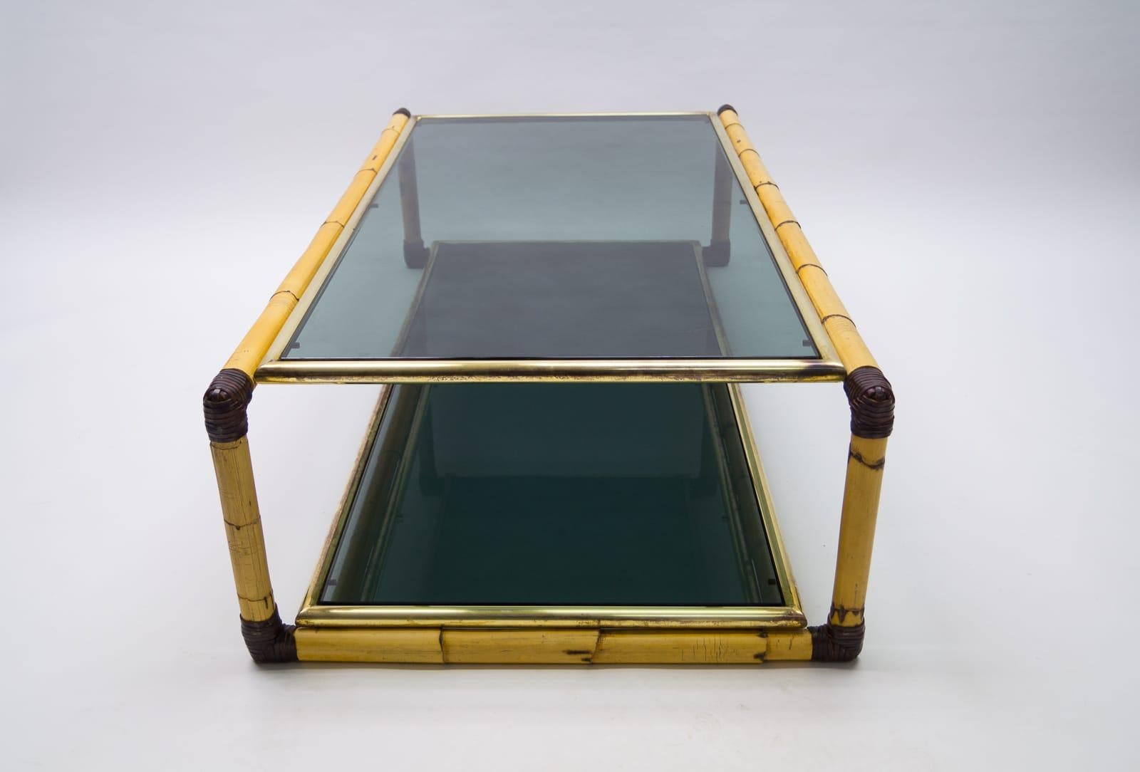 Large Italian Bamboo / Leather and Smoked Glass Coffee Table, 1960s 1