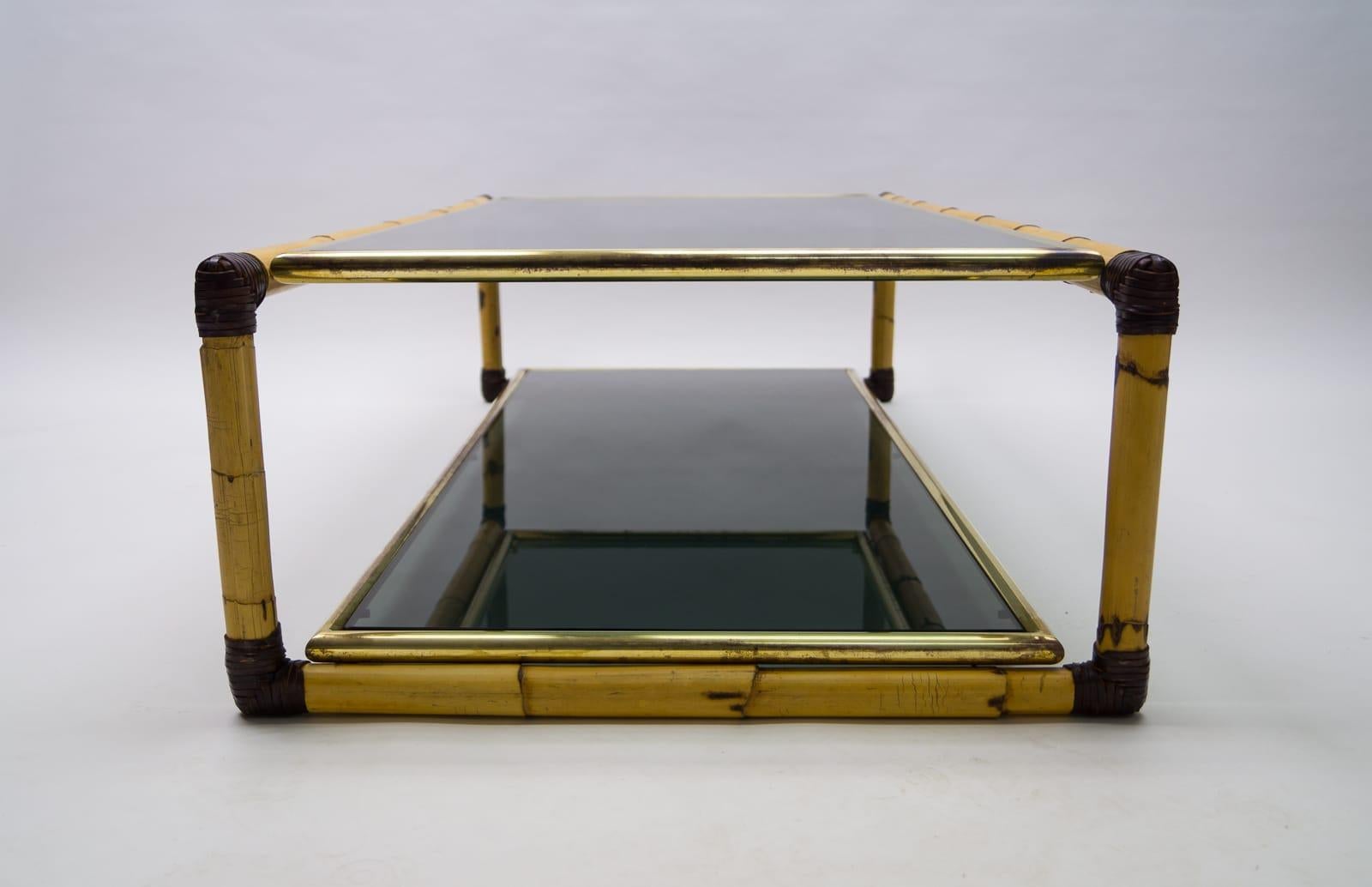 Large Italian Bamboo / Leather and Smoked Glass Coffee Table, 1960s 2